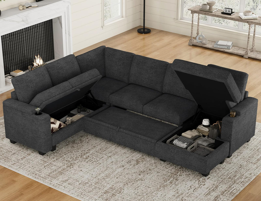 Belffin Modular Sectional Sleeper Sofa Bed with Storage Chaise L Shaped Sectional Couches for Living Room Armrest with Cup Holder. White Couch