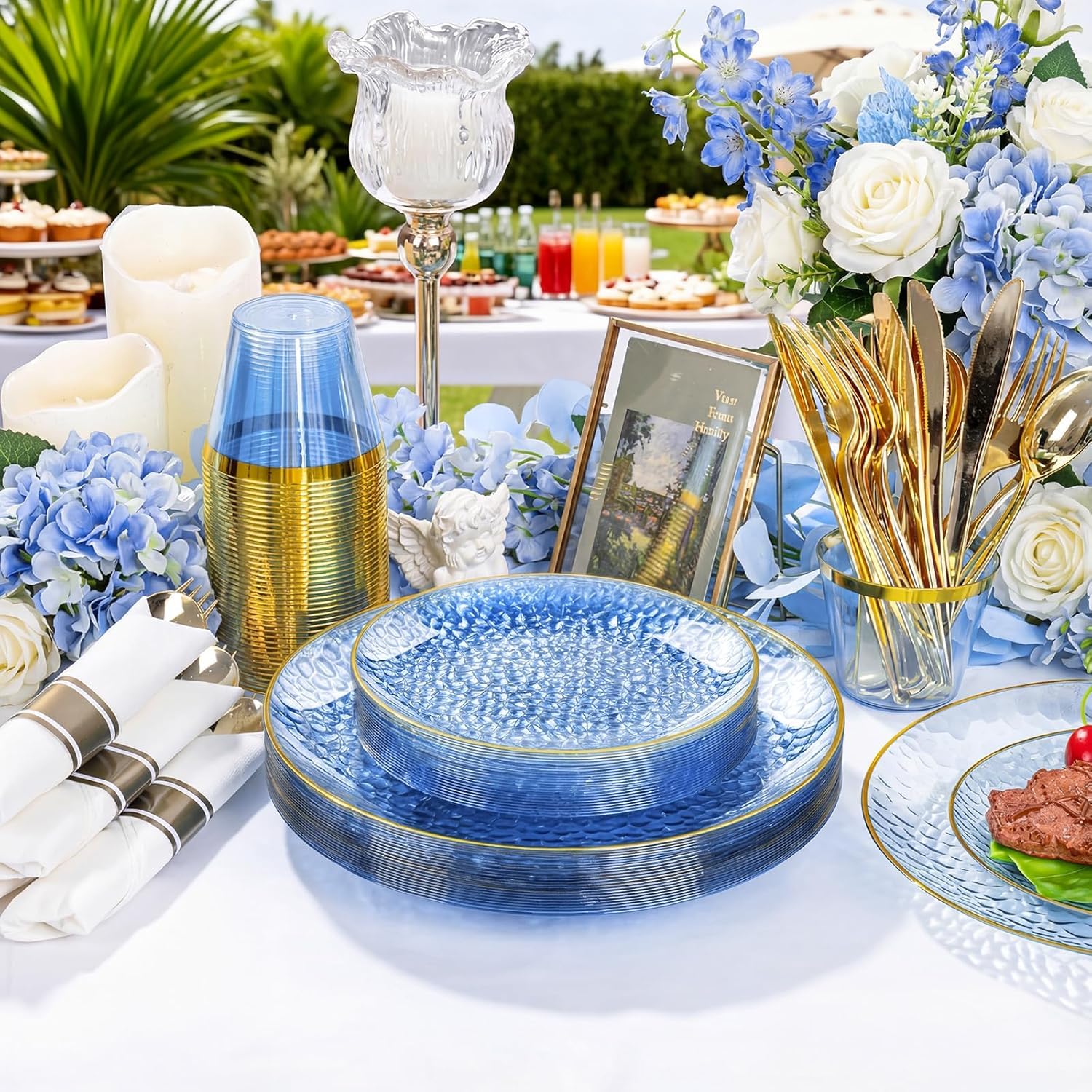 Rubtlamp 100Pcs Amber Gold Plastic Plates, Disposable Plates With Gold Rim, Heavy-duty Party Platos, Hammered Plastic Plates Include 50 Clear Dessert Plates, 50 Dinner Plates for Party