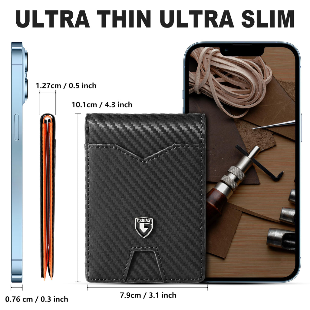 GSOIAX Slim Wallet for Men Rfid Blocking Leather Bifold Front Pocket Carbon Fiber Men's Money Clips Credit Card Holder With Gift Box