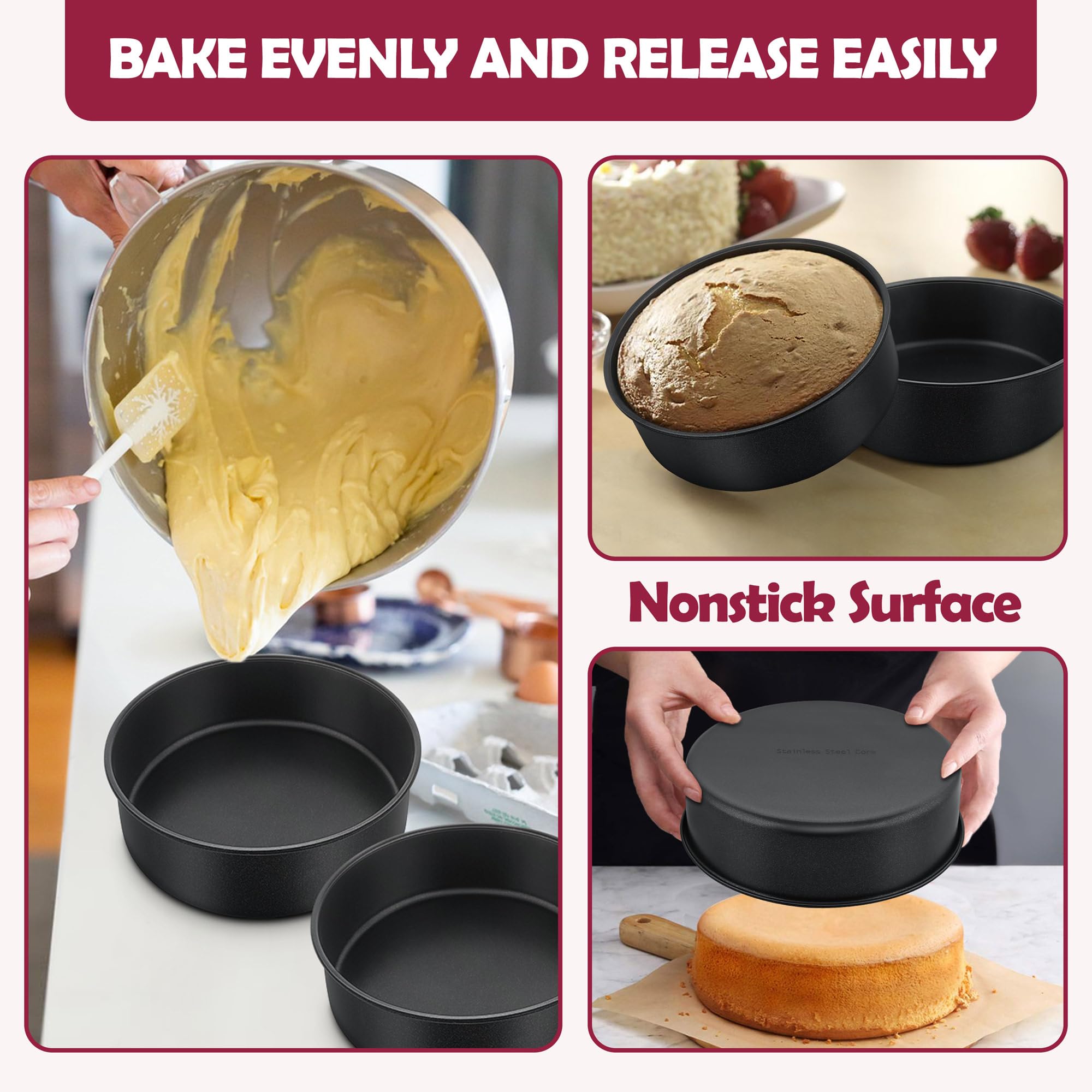 E-far 4 Inch Cake Pan Set of 3, Nonstick Stainless Steel Mini Round Cake Pans Tin, Small Size for Baking Smash Cakes/Cheesecake, Stainless Steel Core & Non-toxic Coating, Straight Side & 2 Inch Deep