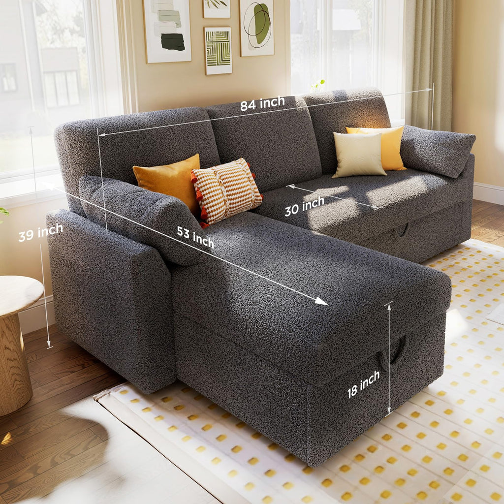 PaPaJet Sofa Bed, Sleeper Sofa with Storage Chaise, L Shaped Sofa with Pull Out Bed, Oversized Sofas for Living Room, Beige