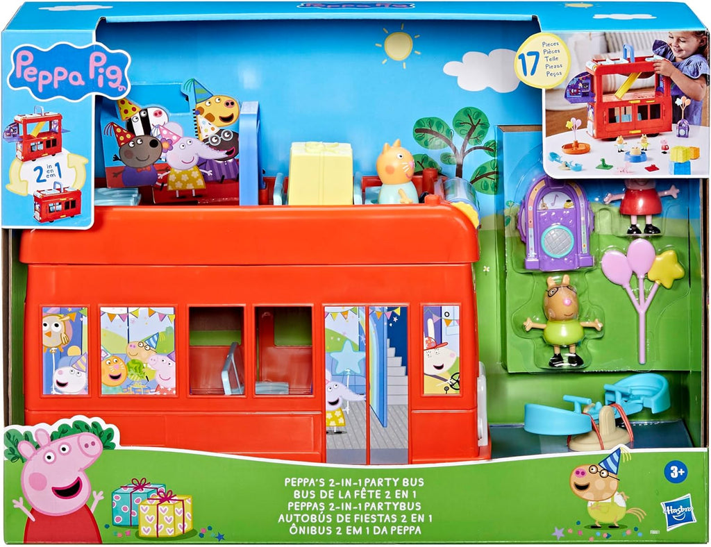 Peppa Pig 2-in-1 Party Bus Playset with 3 Figures and 13 Accessory Pieces, Preschool Toys for Girls and Boys, Kids Gifts, Ages 3+