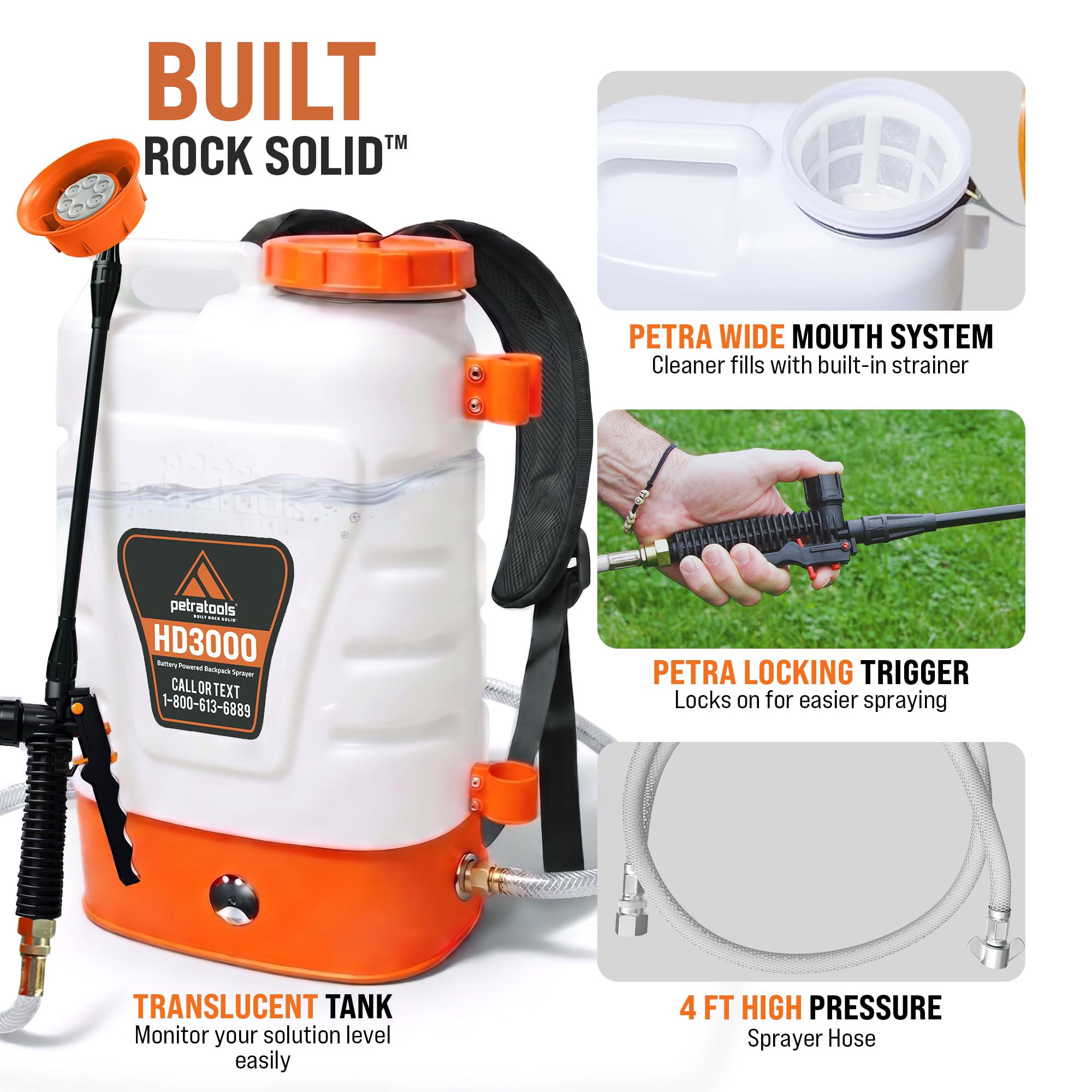 PetraTools 3 Gallon Battery Powered Backpack Sprayer in Lawn and Garden - HD3000 - Long Battery Life & Padded Straps for Comfort - Electric Sprayer w/ 6 Spray Nozzles & 80PSI (3 Gallon)