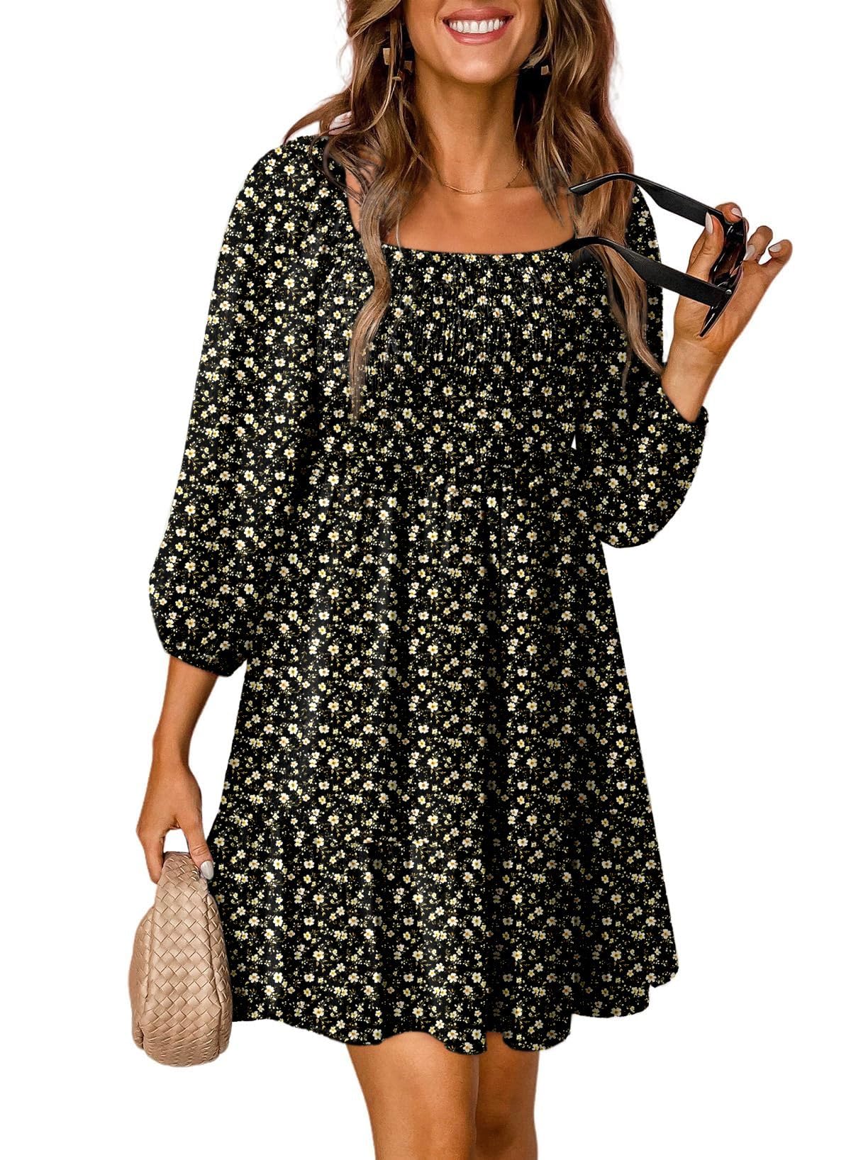 Dokotoo Fall Dresses for Women 2025 Boho Floral Square Neck Smocked 3/4 Sleeve Casual A-Line Swing Mini Dress Sundress