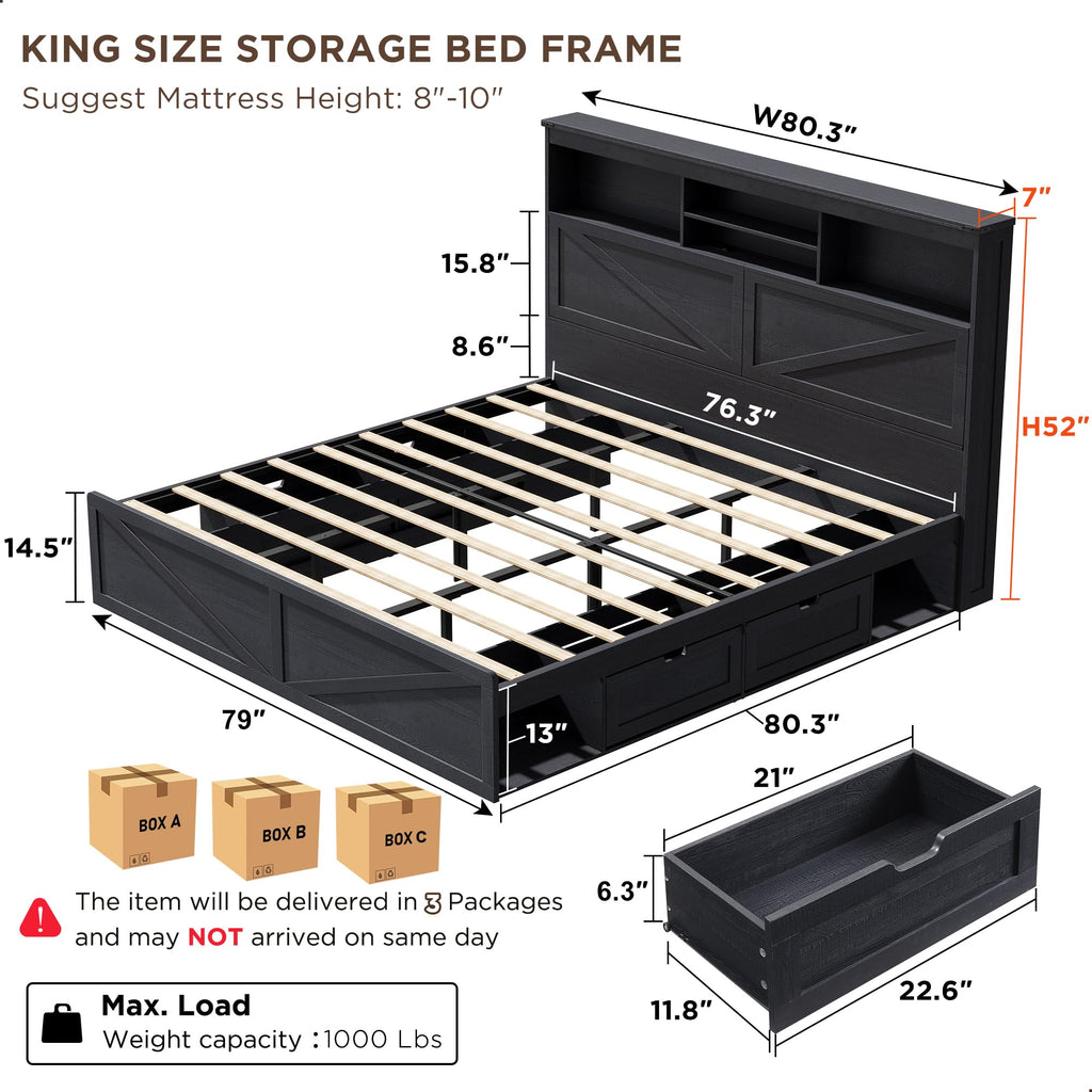 ACCOHOHO Queen Size Wood Bed Frame Farmhouse with 52" Tall Storage Bookcase Headboard, LED Light,Charging Station,4 Drawers and Solid Wood Slats Support,Noiseless,No Box Spring Needed - Black