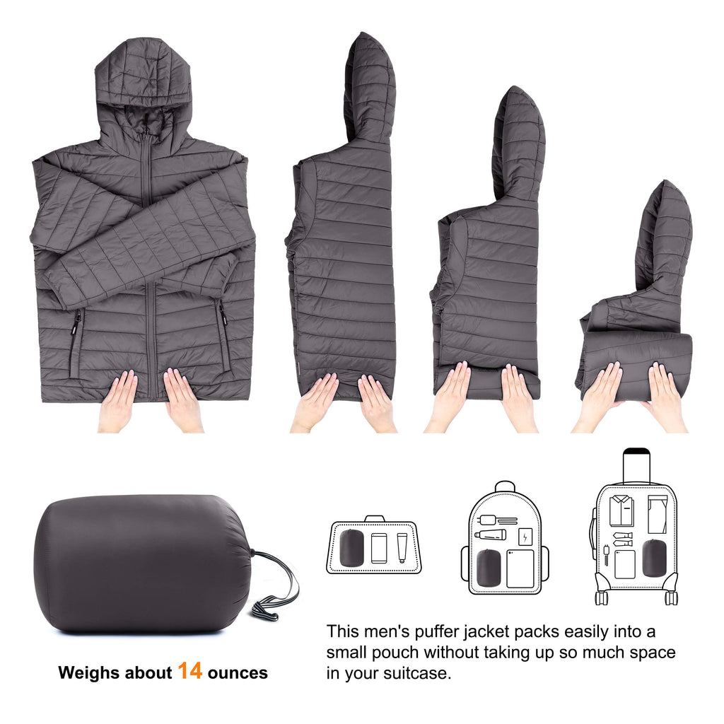 Outdoor Ventures Men's Lightweight Packable Hooded Puffer Jacket Insulated Winter Coat for Snow Ski Traveling