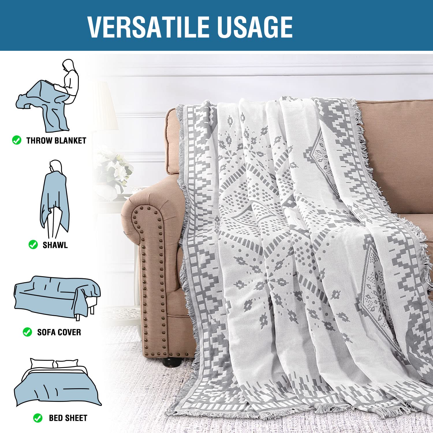 H.VERSAILTEX Cotton Sofa Covers Couch Cover Sofa Slipcover for Most Shape Sofas, Feature Thick Woven Jacquard Seamless with Tassels, Multi-Use Decorative for Couch (Medium: 71" x 91", Green)