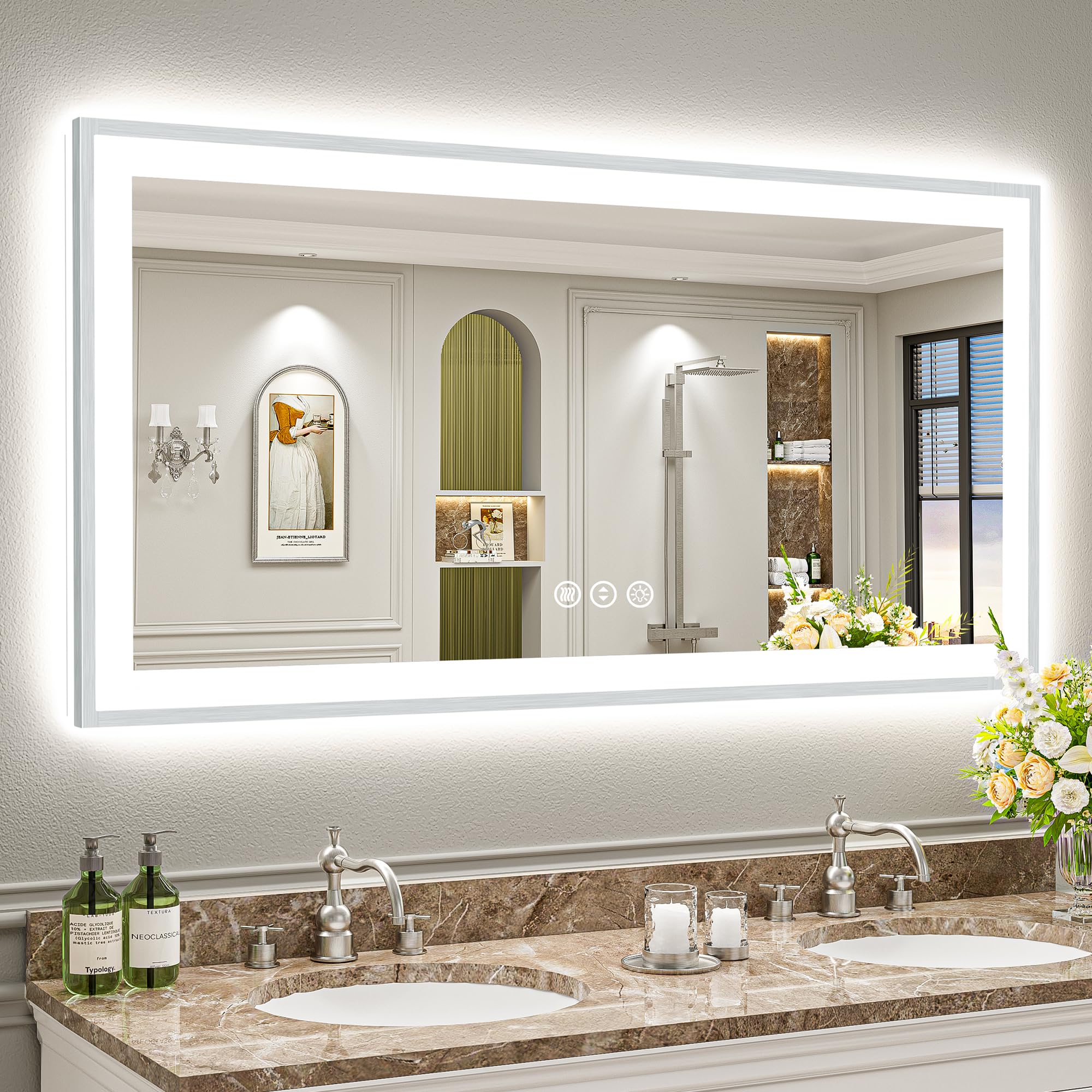 24x32 Black Framed LED Bathroom Mirror with Lights, Backlit and Front Lit Anti-Fog Lighted Vanity Mirrors for Bathroom Wall, Dimmable, 3 Colors, Memory, HD Tempered Glass, Horizontal/Vertical