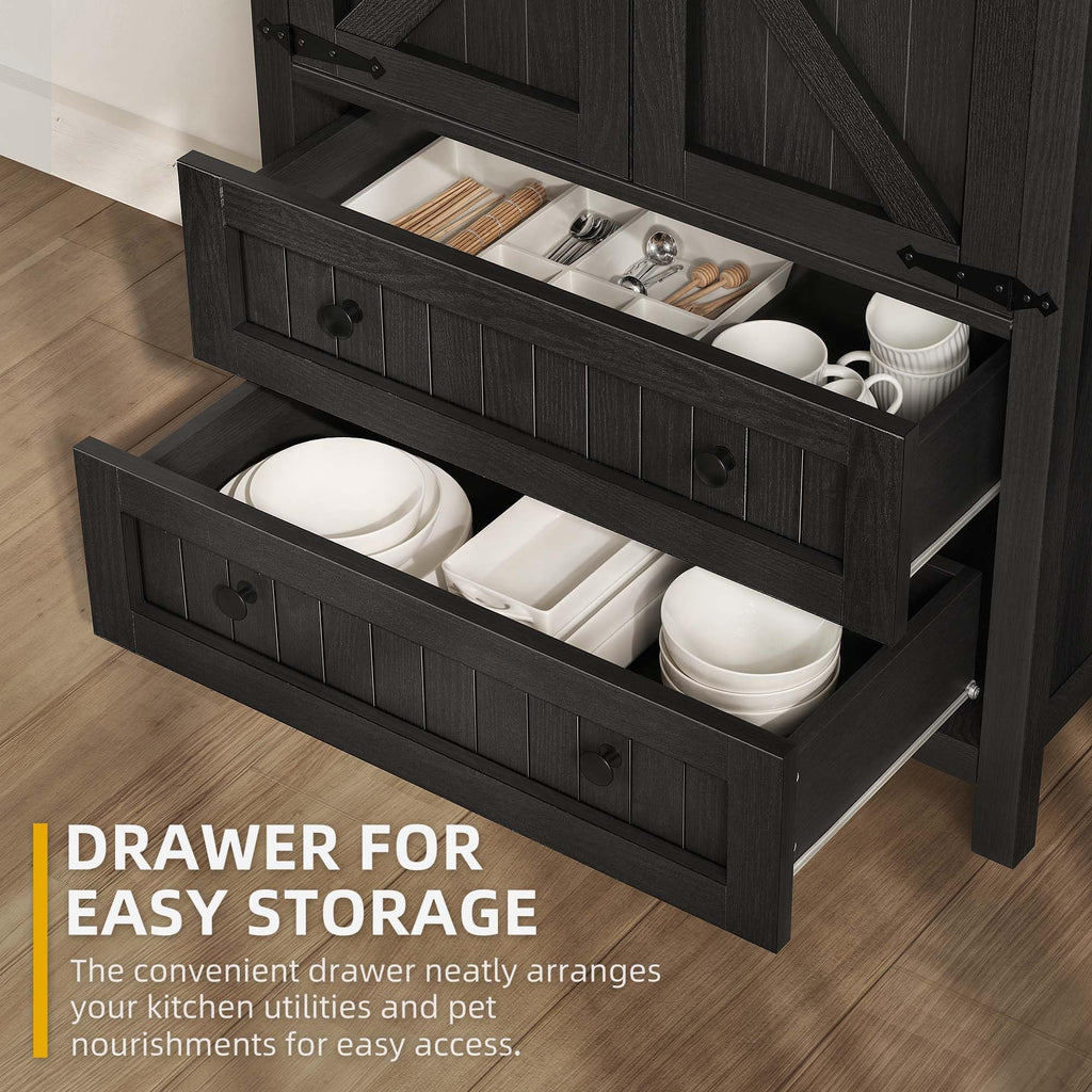 DWVO Farmhouse Kitchen Pantry Cabinet, 64.5" Tall Storage Cabinet with 2 Drawers and Adjustable Shelves, Versatile Storage for Living Room, Dining Room or Hallway, Oak Black