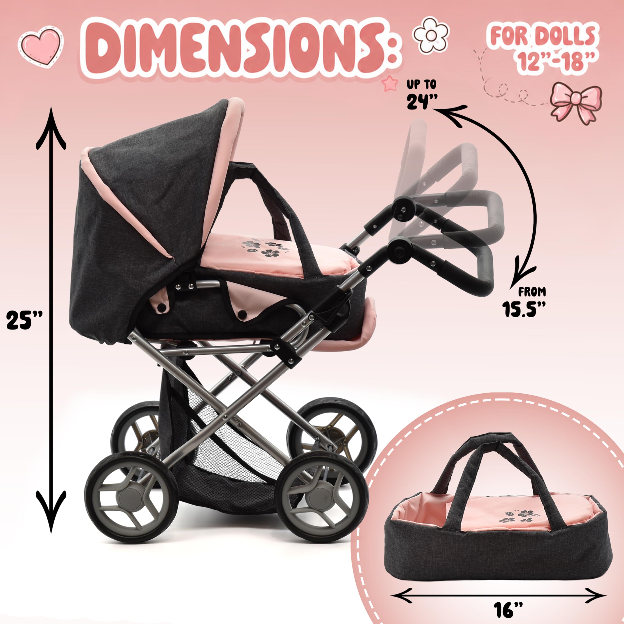 Baby Doll Convertible Pram Stroller with Removable Travel Bassinet Carrier for Kids Adjustable Handle Buggy Carriage with Canopy and Storage Basket 25 Inch Pink, Black