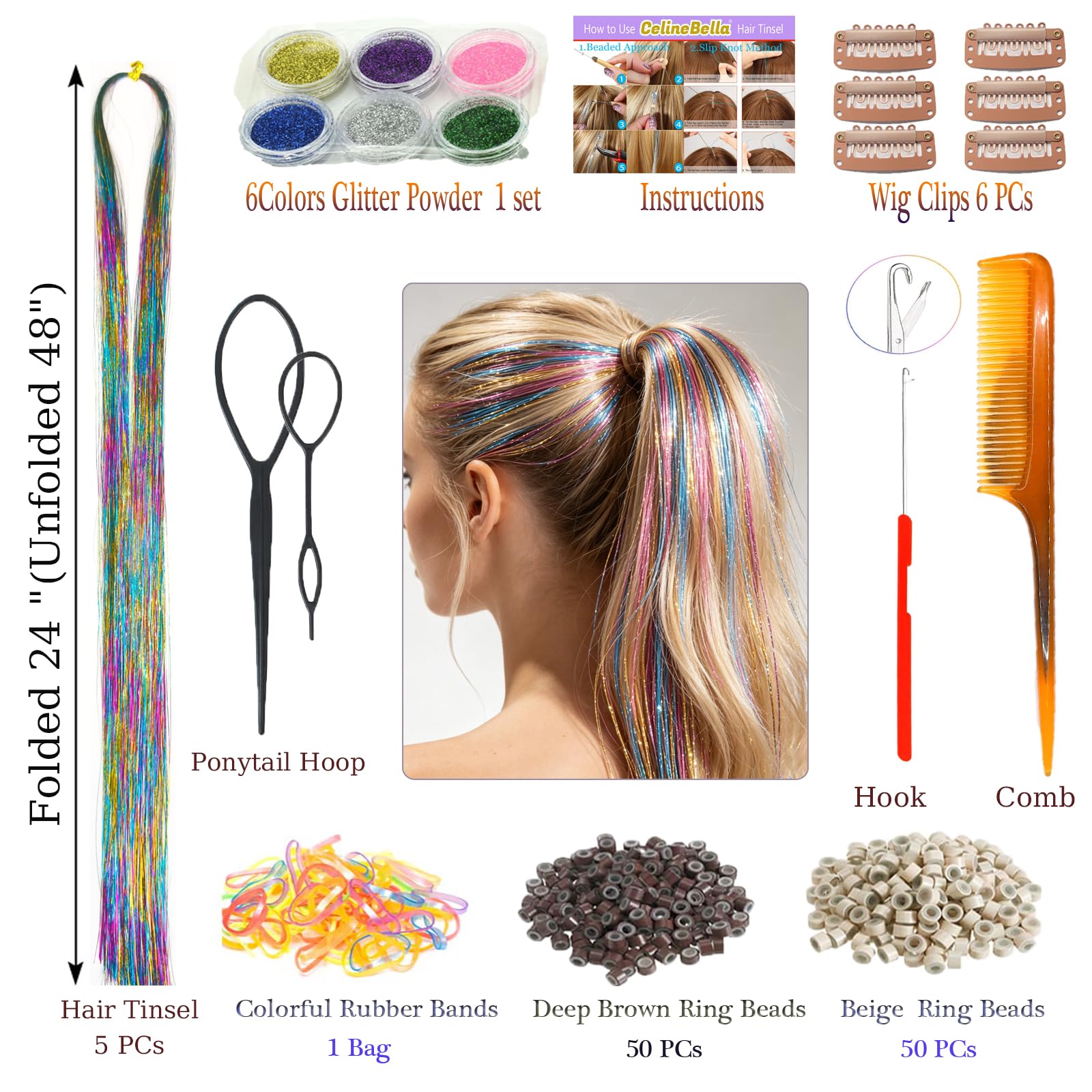 Celinebella Bubblegum Pink Hair Tinsel, 48" 1250 Strands Bright Shimmer | Vibrant hot pink bubblegum tone, youthful energetic, heat resistant, great for prom concerts birthday parties events
