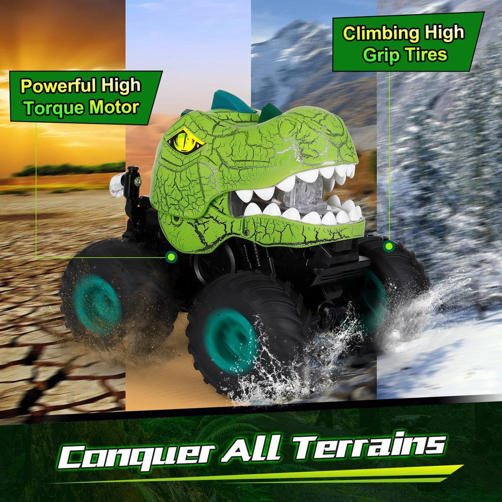Drefirsa Dinosaur Remote Control Car for Kids Ages 3-5 6-12, Remote Control Monster Truck with Spray, Light, 360° Rolling&90° Driving, All Terrain Dinosaur Toy for Boys Birthday Gift