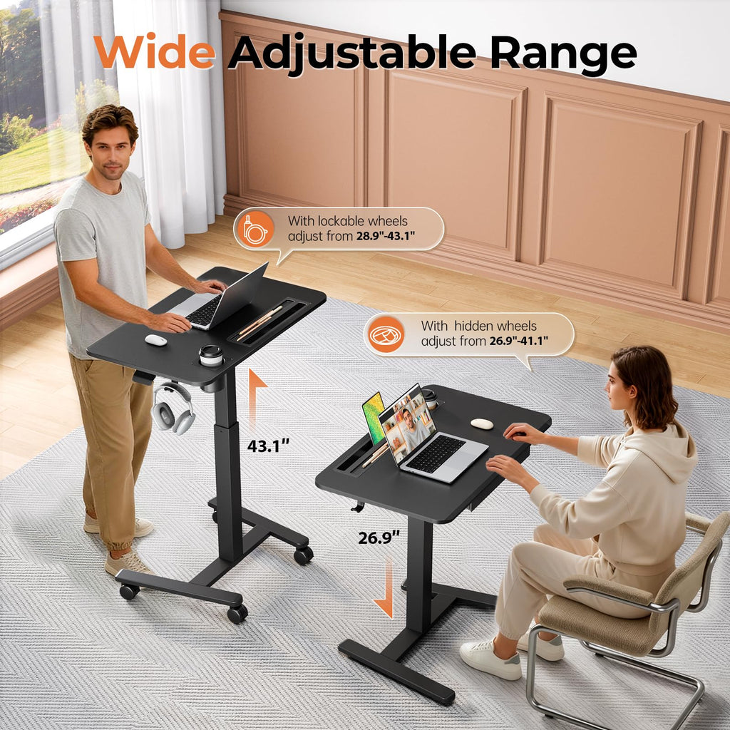 Small Mobile Standing Desk with Drawer, 23.6"x19.7" Rolling Laptop Cart on Wheels, Height Adjustable Sit Stand Computer Workstation with Storage for Compact Space, Black