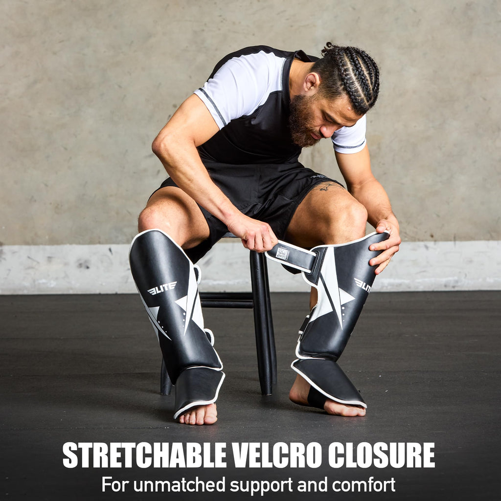 Elite Sports Muay Thai Shin Guards Kickboxing MMA Muay Thai Leg Instep Protective Pads, Martial Art Kicking Sparring Training Gear for BJJ Karate Boxing Taekwondo