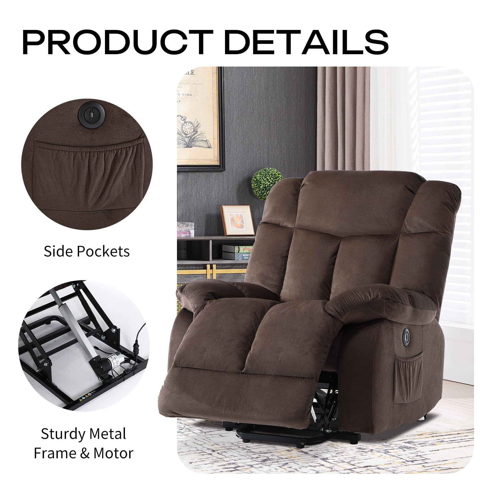 CANMOV Dual Motor Power Lift Recliner Chair for Elderly, 27" Extra-Wide Seat 450 lbs Weight Capacity Infinite Position Adjustment, with Heated Massage, Cup Holders and USB Port, Camel Fabric
