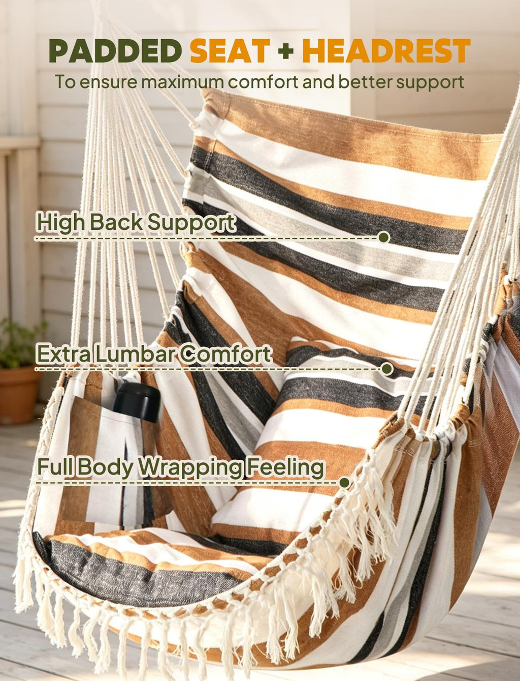 Chihee Hammock Chair Hanging Swing Max 500 Lbs 2 Cushions Included Metal Spreader Bar with Anti-Slip Grooves Portable Hanging Chair Side Pocket Large Macrame Bohemian Chair Indoor Outdoor | Hanging Swing with Anti-Slip Grooves Portable Hanging Chair Side