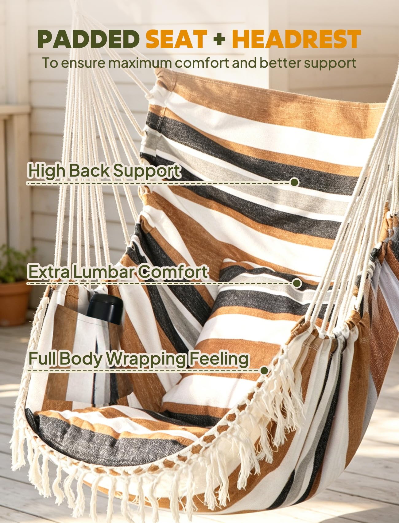 Chihee Hammock Chair Hanging Swing Max 500 Lbs 2 Cushions Included Metal Spreader Bar with Anti-Slip Grooves Portable Hanging Chair Side Pocket Large Macrame Bohemian Chair Indoor Outdoor | Hanging Swing with Anti-Slip Grooves Portable Hanging Chair Side