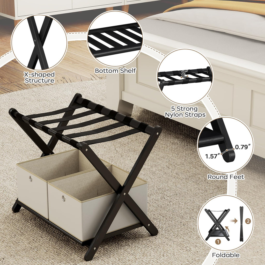 oakvivo Fully Assembled Black Luggage Rack for Guest Room, Bamboo Foldable Suitcase Stand with 5 Nylon Straps, Upgraded Luggage Rack Holder with Shelf for Bedroom Hotel, Holds up to 165 Lbs, 1pcs