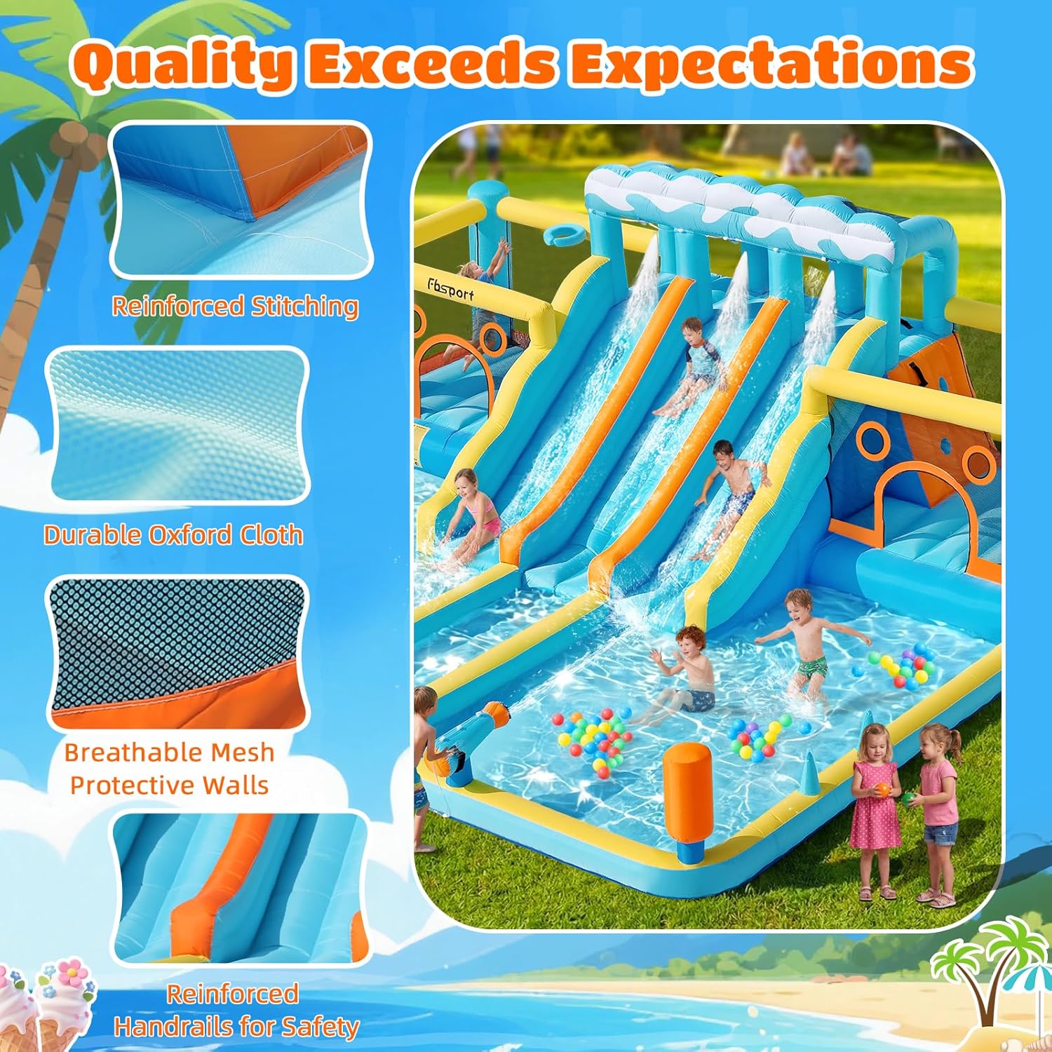 FBSPORT Inflatable Bounce House Water Slide, 3 Slides & 2 Bouncers 10-in-1 Water Slide Park Bounce House with 950W Blower, Bouncy Castle for Kids Backyard Party Outdoor, with Water Gun, Splash Pool
