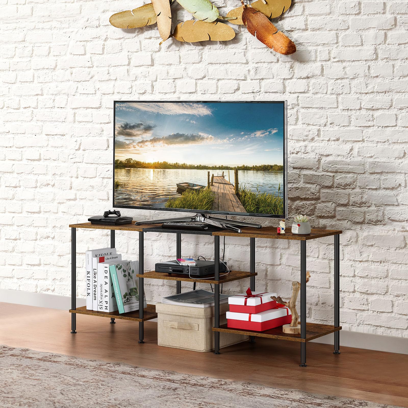 OYEAL Black Bedroom TV Stand with Power Outlets up to 50 inch TV, Small Entertainment Center Stand with Storage Modern Media TV Console Table for Living Room Bedroom