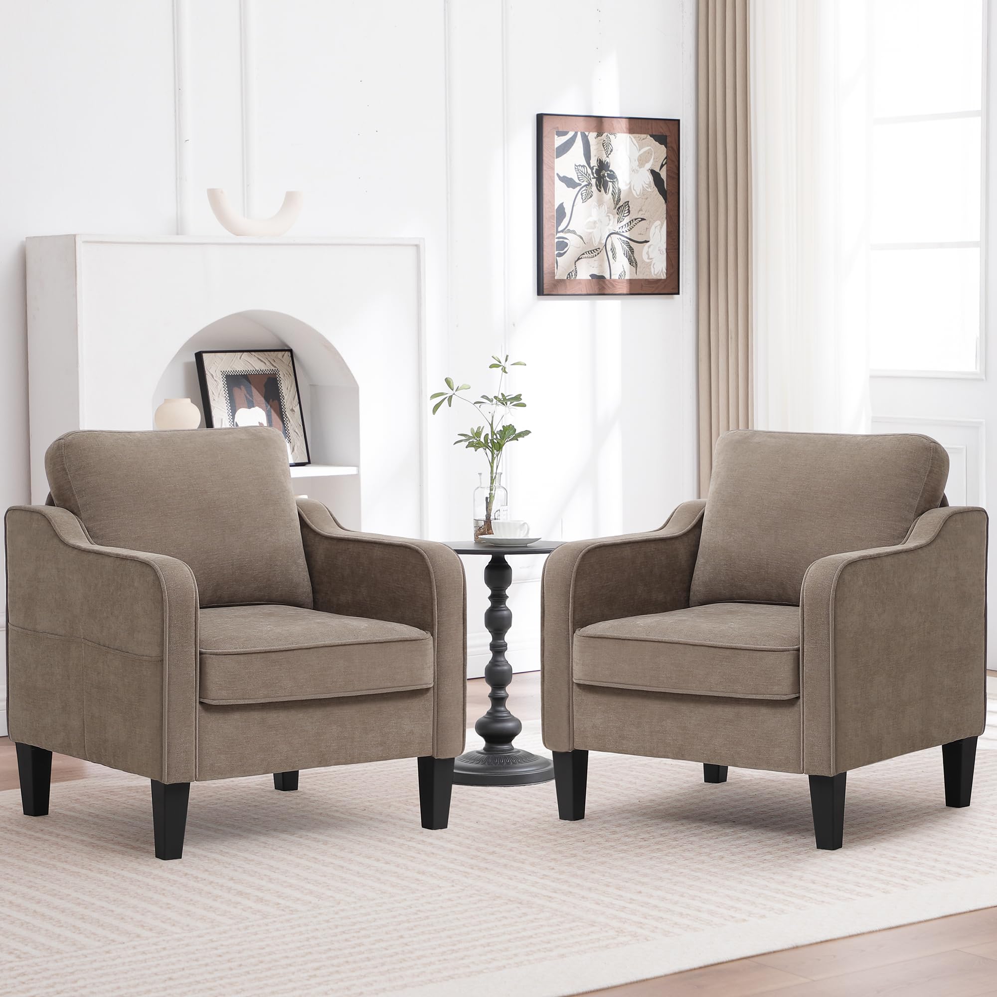 Accent Chair for Living Room, Mid Century Modern Reading Chair for Bedroom, Upholstered Armchair with Side Pockets, Comfy Single Sofa Side Chair for Office, Apartment, Small Room, Beige