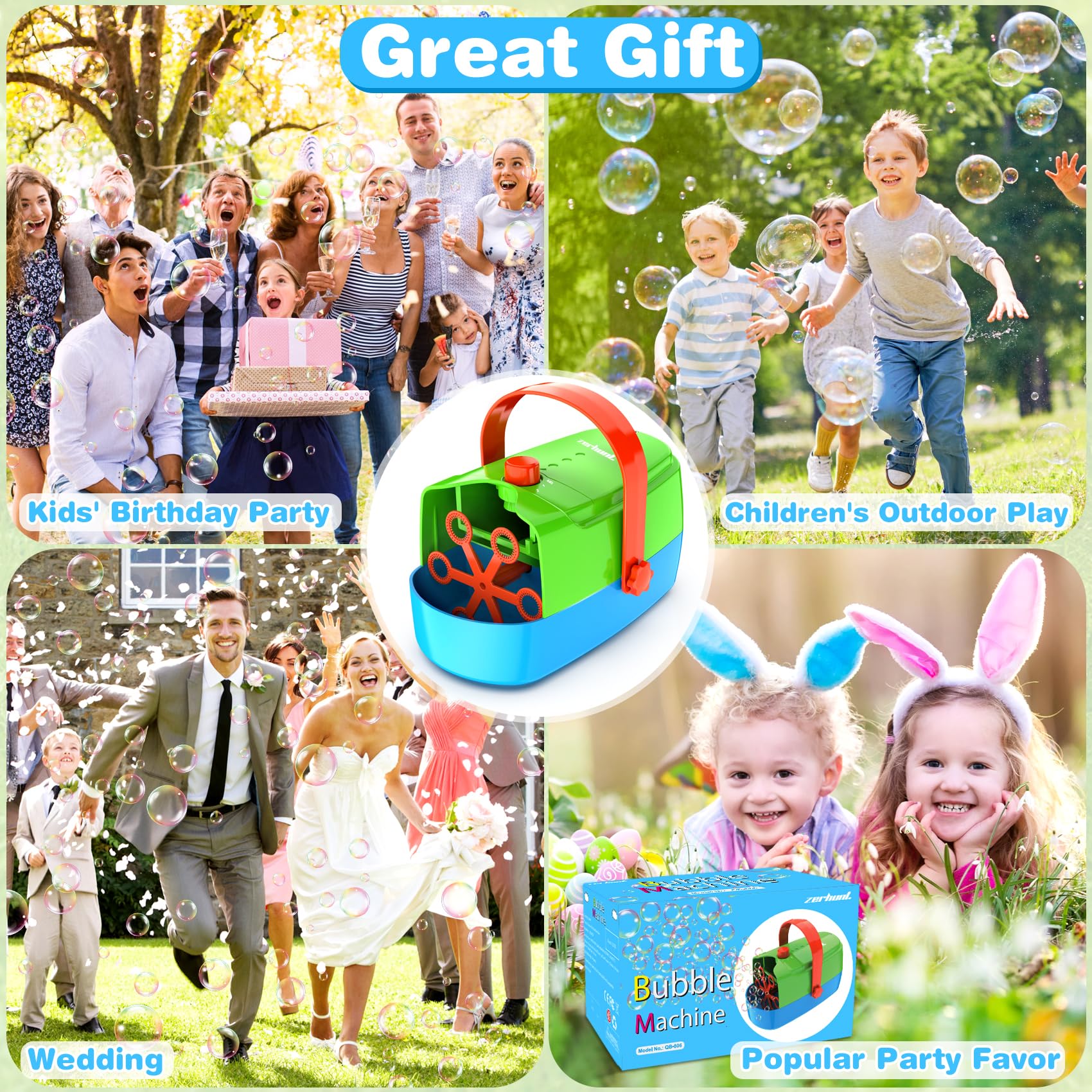 Zerhunt Durable Bubble Machine for Party: 3 Power Modes for Non-Stop Fun - 18000+ Bubbles Per Minute High Output 30 Mins Bubbles per Refill - Kids Safe Auto-Stop for Outdoor Backyard Birthday