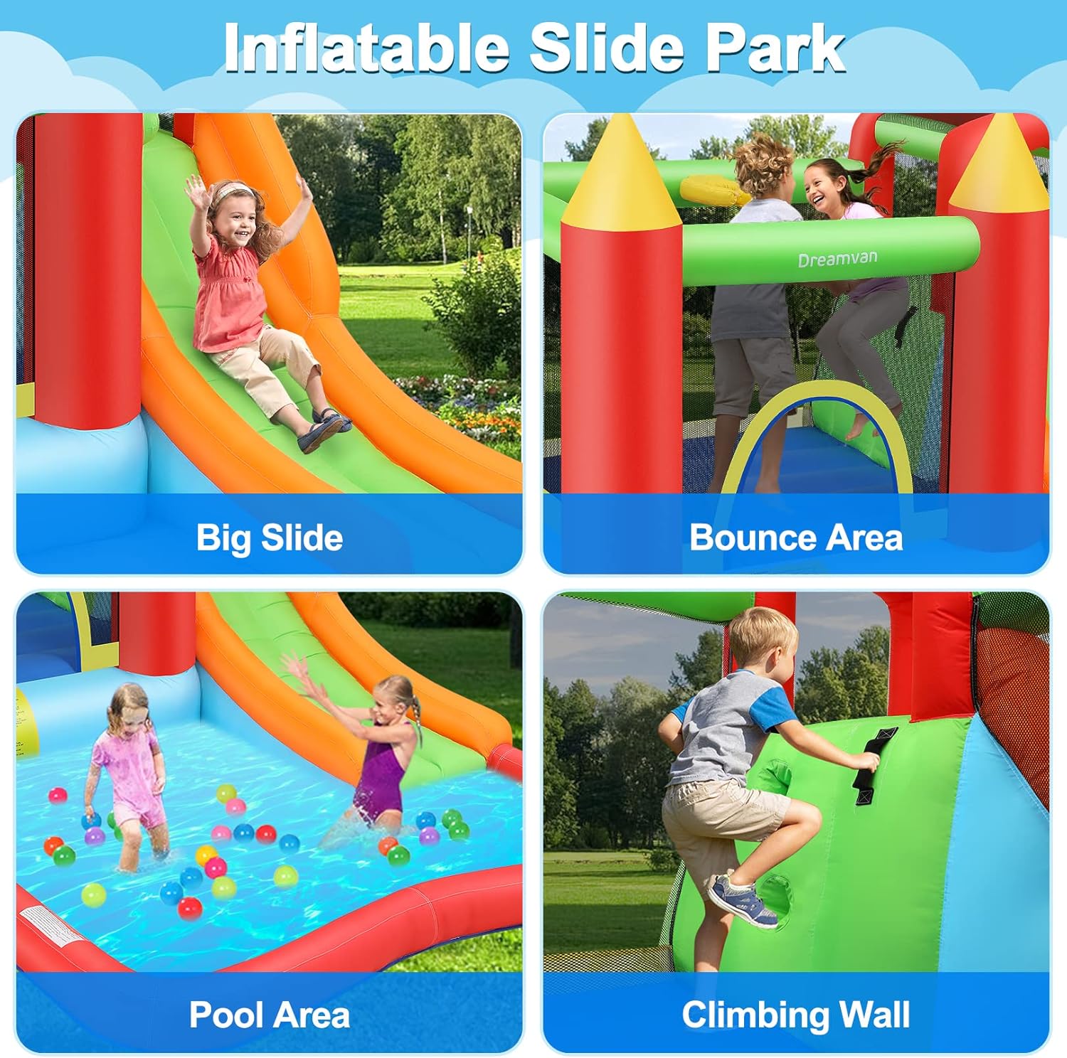 Bounce House,Inflatable Bounce Castle with Blower for Kids 3-12,Outdoor/Indoor Bouncy House Water Park for Backyard with Splash Slide,Climbing Wall,Ball Pit,Jumping Area (146" x 103" x 73")