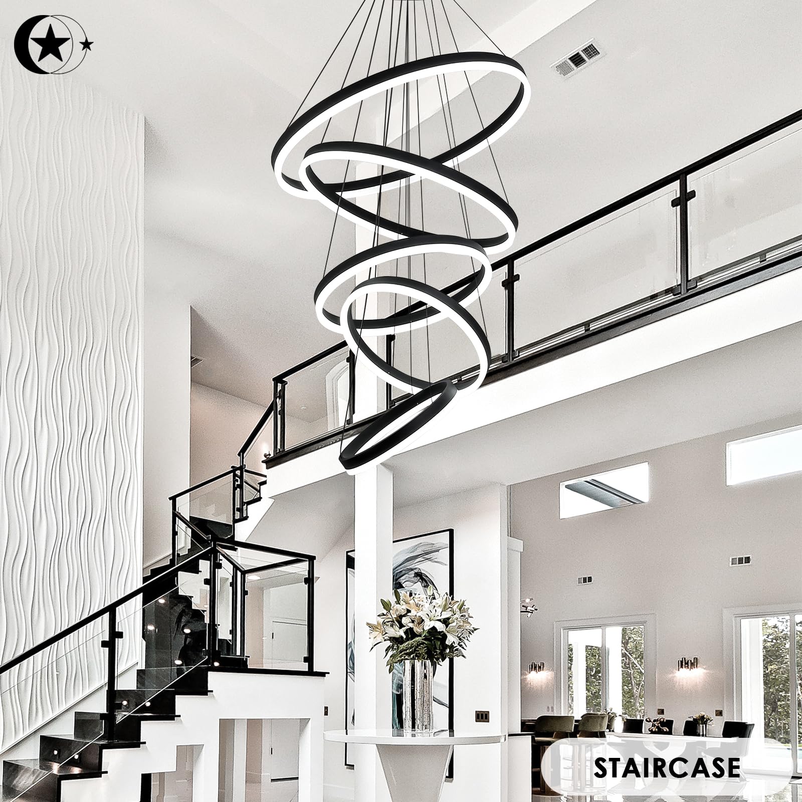 5-Rings Modern LED Chandelier Black Dimmable High Ceiling Chandelier for Dining Room with Remote Control for Foyer Living Room Entryway Staircase(D23.6’’, 3000K-6500K)