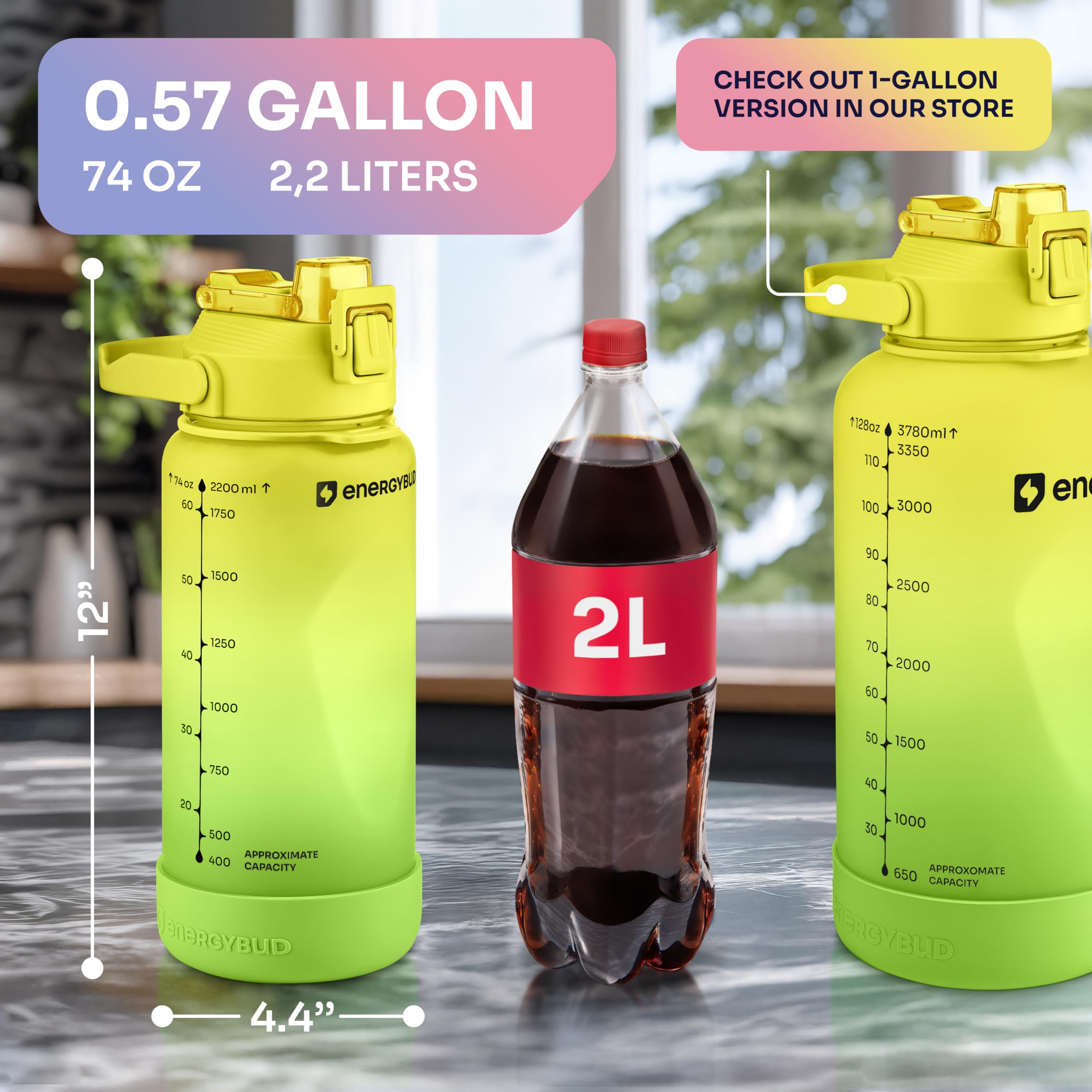1/2 Gallon Water Bottle with 74.3 oz Capacity - Motivational Time Markers for Daily Hydration Goals - Leakproof BPA Free Tritan with Removable Straw
