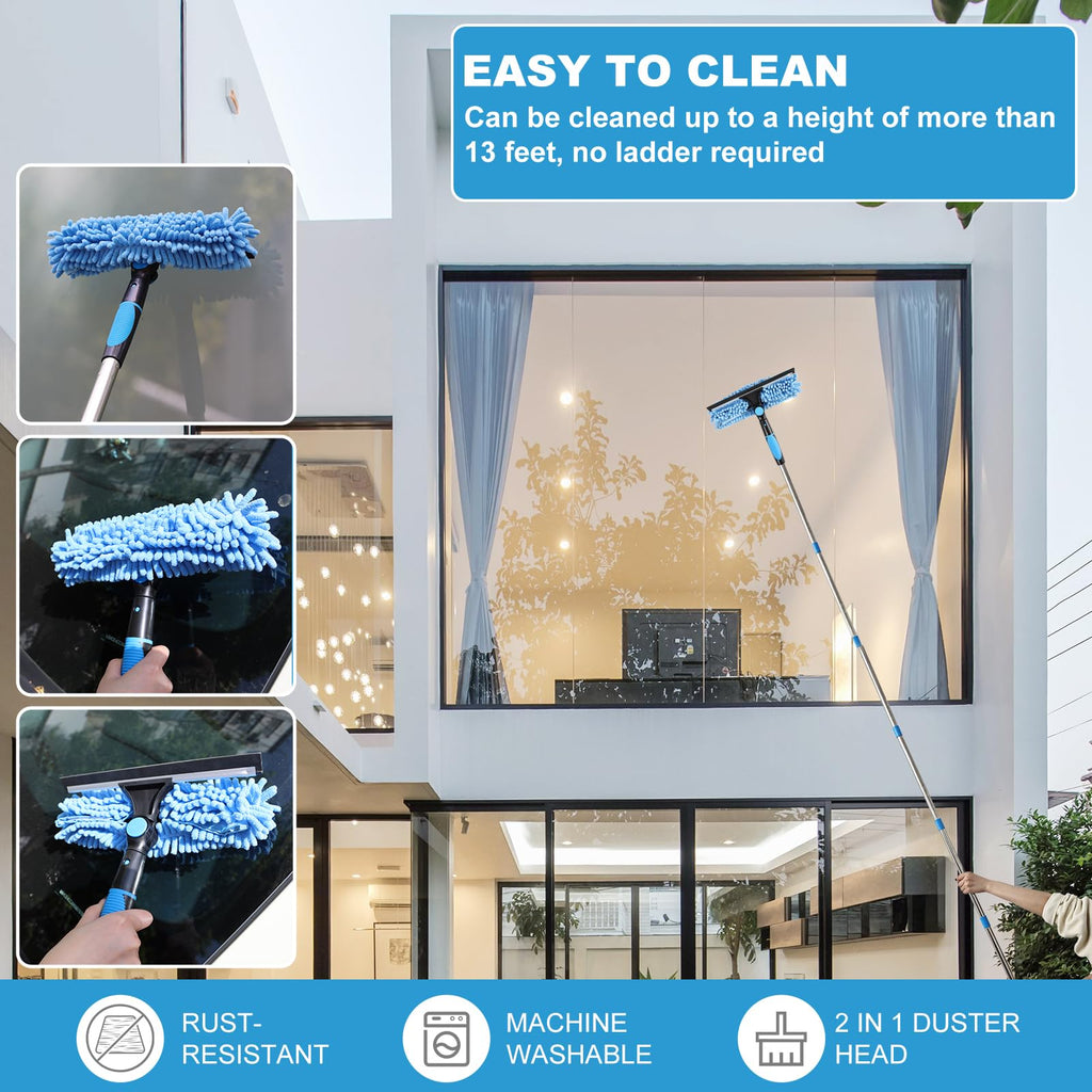 Ceiling Fan Cleaner Duster Reusable Microfiber Removable Duster with Extension Pole Adjusts 12 to 71 Inch for Cleaning Walls Bookshelves Furniture Door Window Top (Blue)