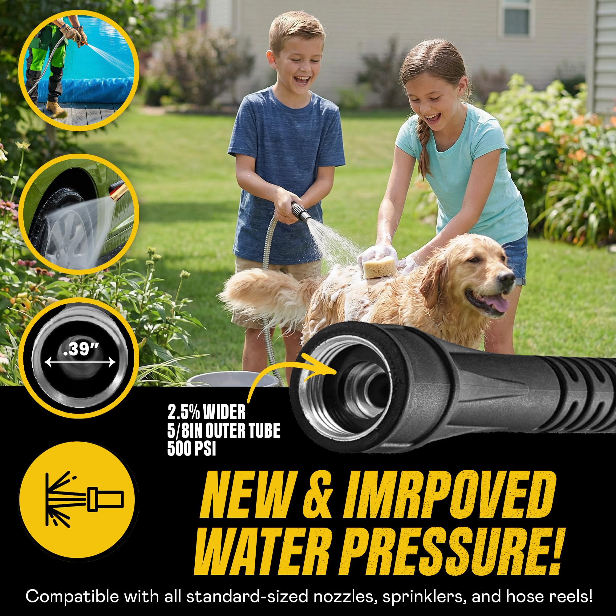 BIONIC STEEL 3Ft Short Garden Hose, 3 Ft x 5/8 In. Connector Hose for Reel, Leak Proof Connection, Heavy Duty, Non Kinking, Flexible, Hose Extension