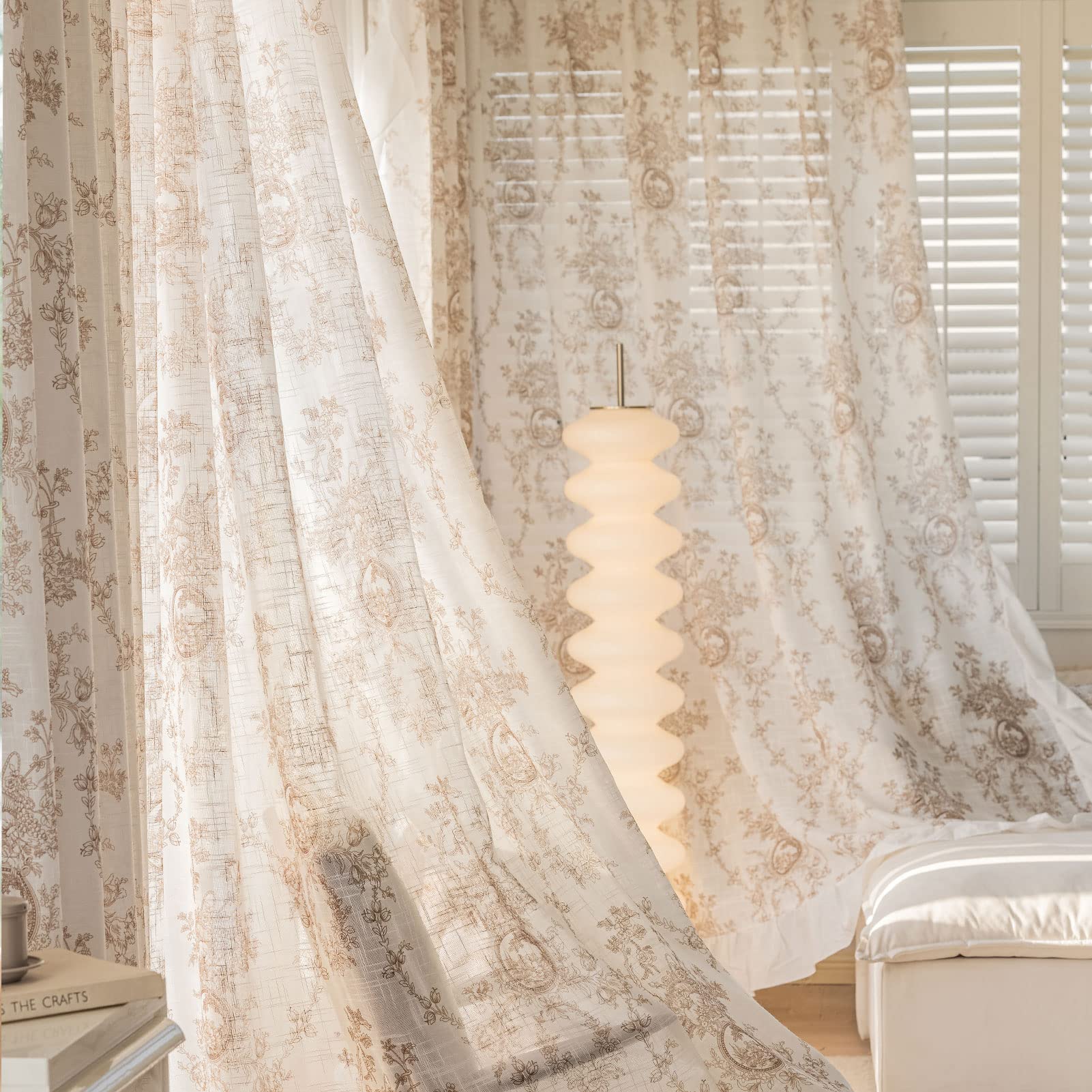 SUOUO Blue Leaf Semi Sheer White Curtains for Bedroom Dining Living Room Linen Textured 84 inches Long Rod Pocket Boho Window Drapes 2 Panels