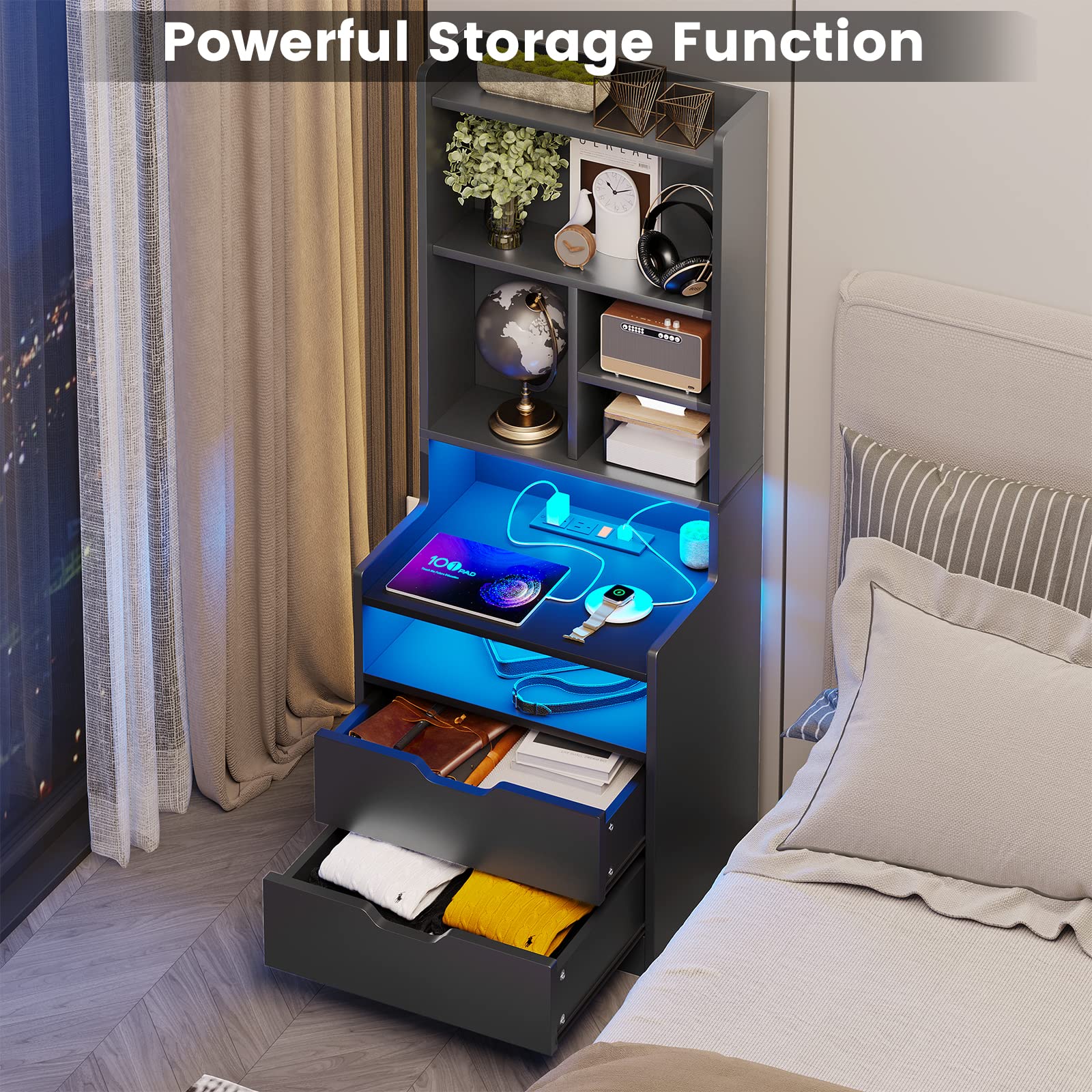 BTHFST Tall Nightstand with LED Lights and Charging Station, LED Black Nightstand with Shelves and 2 Drawers, Bedside Table with Bookshelf, Tall Side End Table with Storage