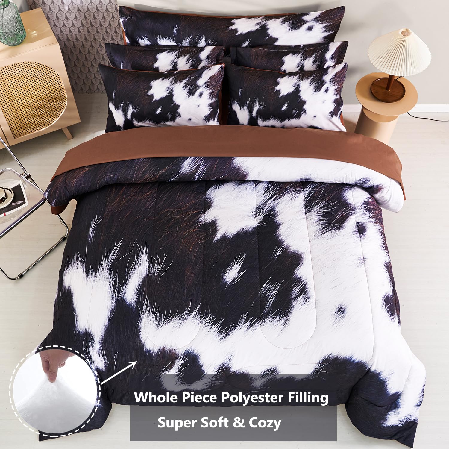 SUCSES Full Size Comforter Set with Sheets 8 Piece Cow Print Bedding Set for Boys Girls Black and White Kids Bed-in-A-Bag Farmhouse Rustic Bed Set for Bedroom (Milk Cow, Full)