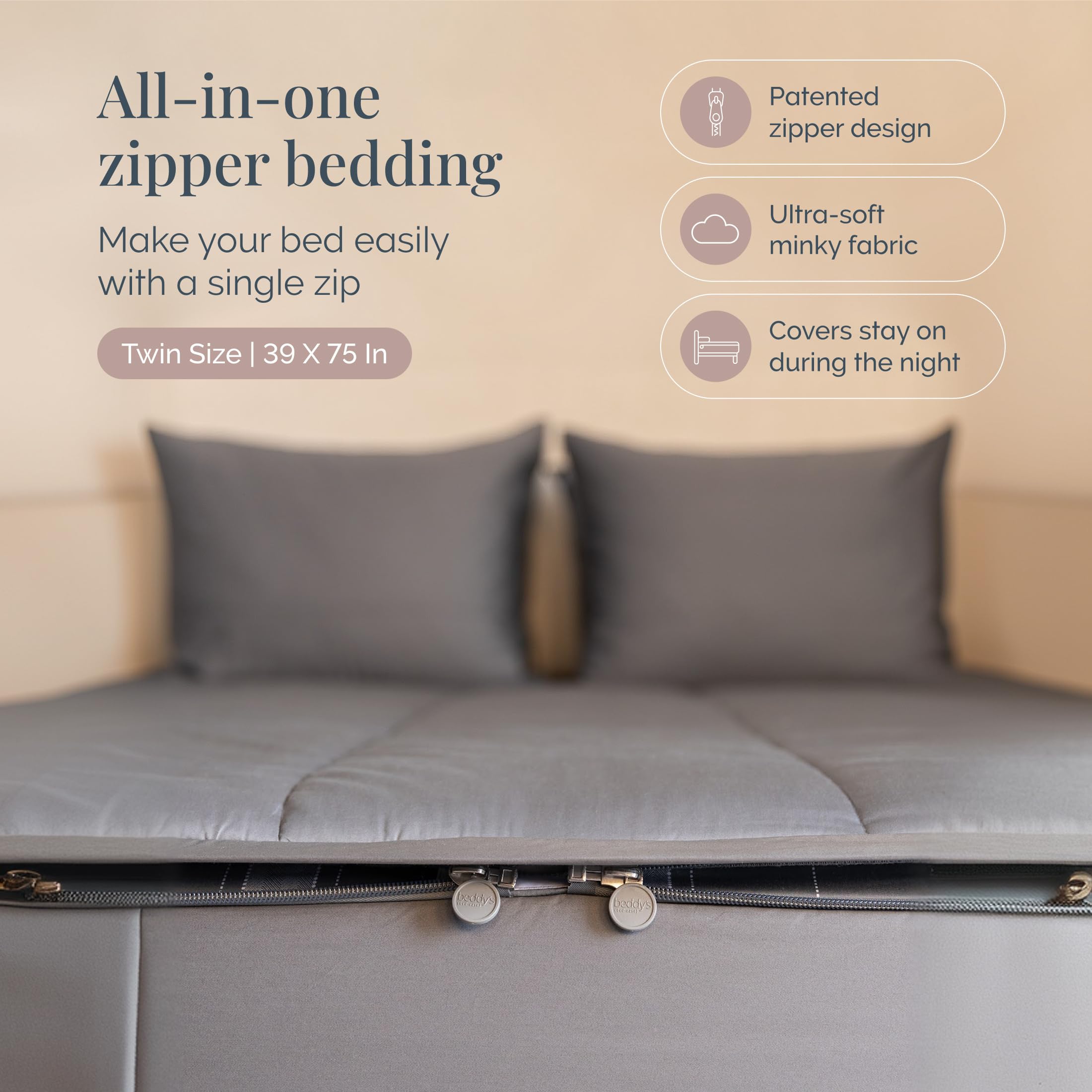 Beddy's Navy Blue All-in-One Zipper Bedding Set - Minky Lined - Twin | Smooth-Glide Zippers, Durable Construction, Easy To Make & Wash, 100% Cotton Exterior, Includes Pillowcase & Sham
