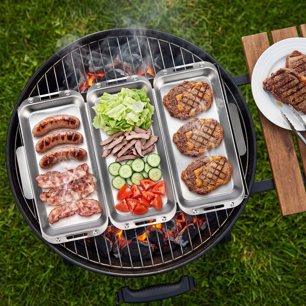 BBQ Vegetable Grill Basket Set, 4 Piece Stainless Steel Grill Pan Set with Universal Handle & lid, Dishwasher Safe, for Outdoor Cooking, Camping, Picnic, For Grilling Fish Veggies & Meats
