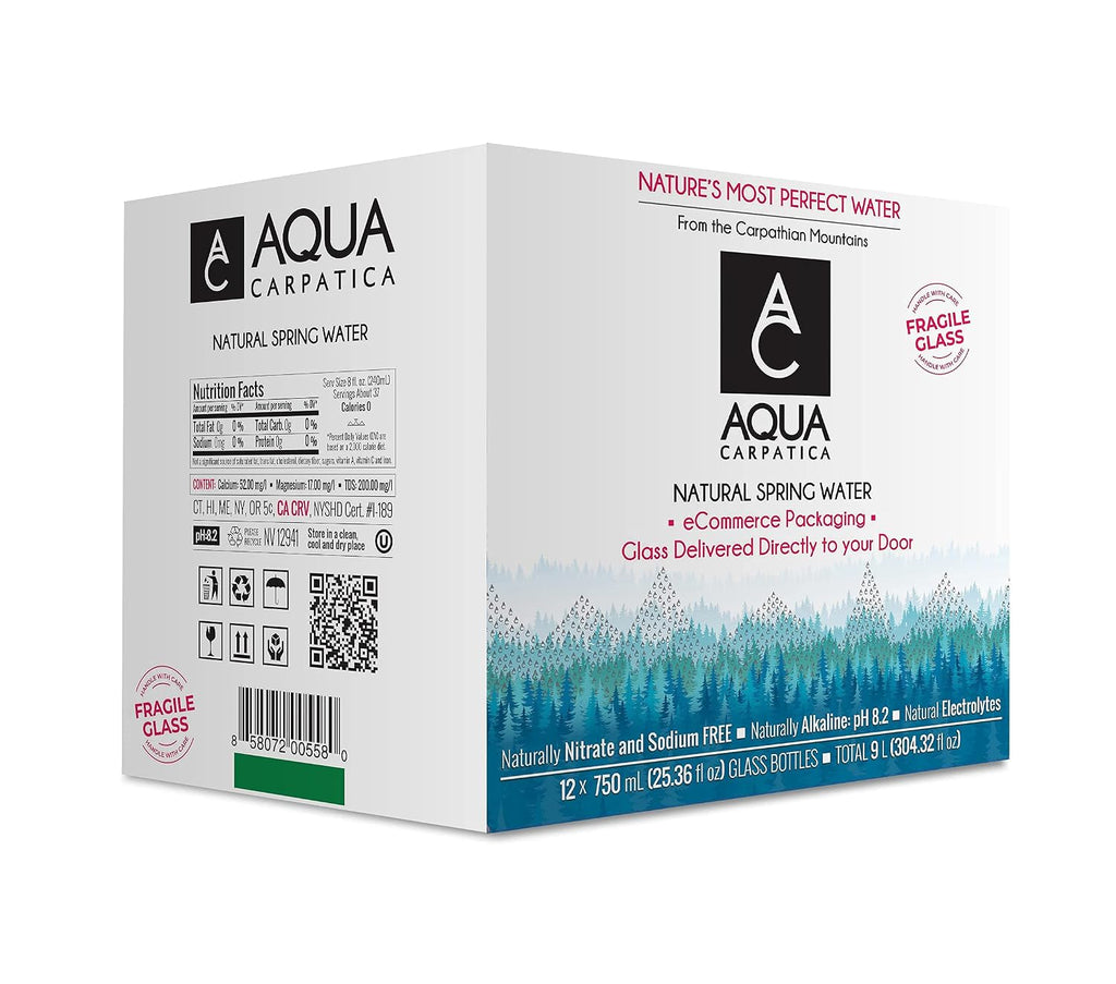 AQUA Carpatica Natural Spring Water with Electrolytes, Artesian Glass Bottled Water, 750 ml / 25.36 oz. (12 Pack)