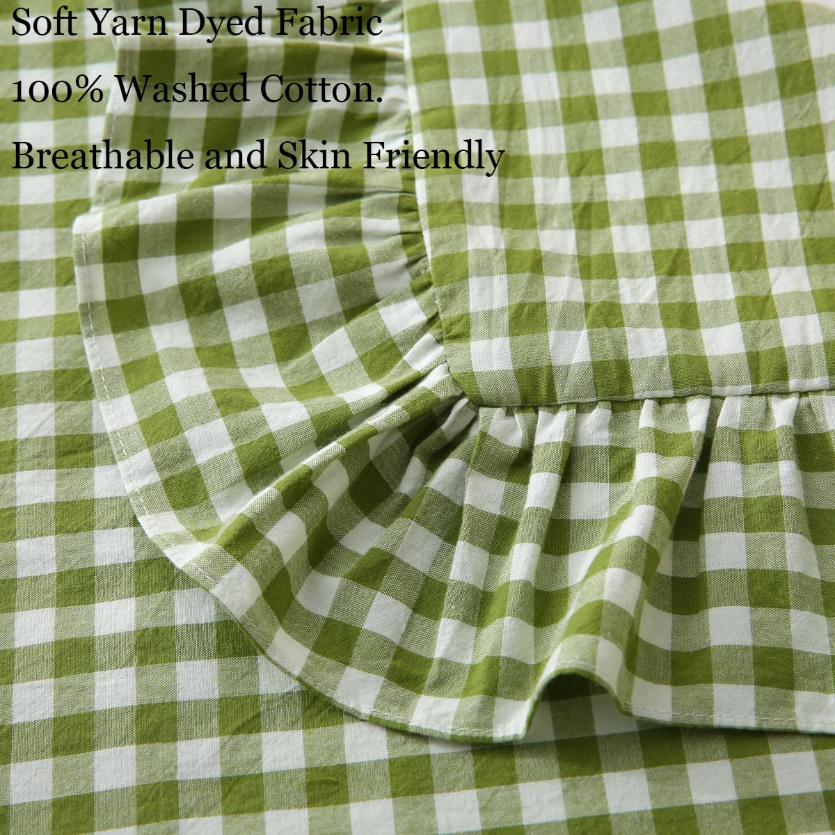 Silnuo Green/White Plaid Ruffled Queen Size Pillow Shams Set of 2,Washed Cotton Shabby Checkered Gingham Farmhouse Bed Pillow Covers 20"x30"