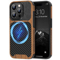 TENDLIN Compatible with iPhone 15 Case Wood Grain with Carbon Fiber Texture Design Leather Hybrid Slim Case (Black)