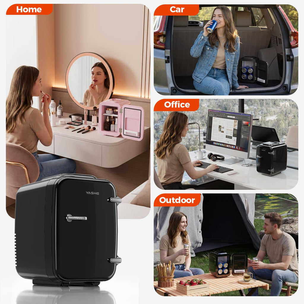 YASHE Mini Fridge, 4 Liter/6 Can Mini Makeup Fridge, 110V AC/ 12V DC Portable Thermoelectric Cooler&Warmer for Skincare, Drink, Cosmetic, Medicine, Small fridge for Bedroom, Office, Dorm, Car, Black