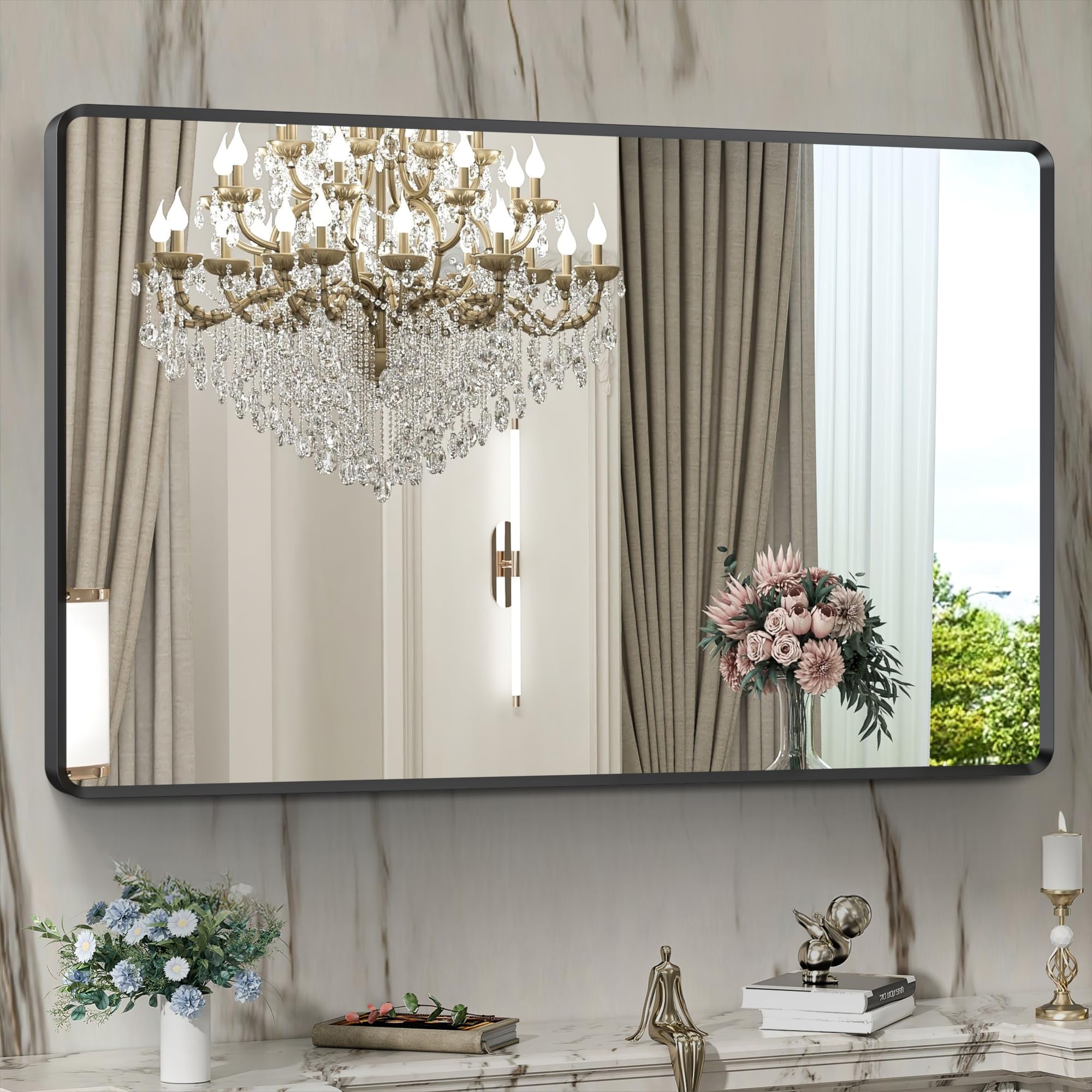 22x30 inch Gold Bathroom Mirror,Rounded Rectangle Gold Metal Framed, HD Tempered Glass, Horizontal or Vertical Hanging, Modern Bathroom Decor