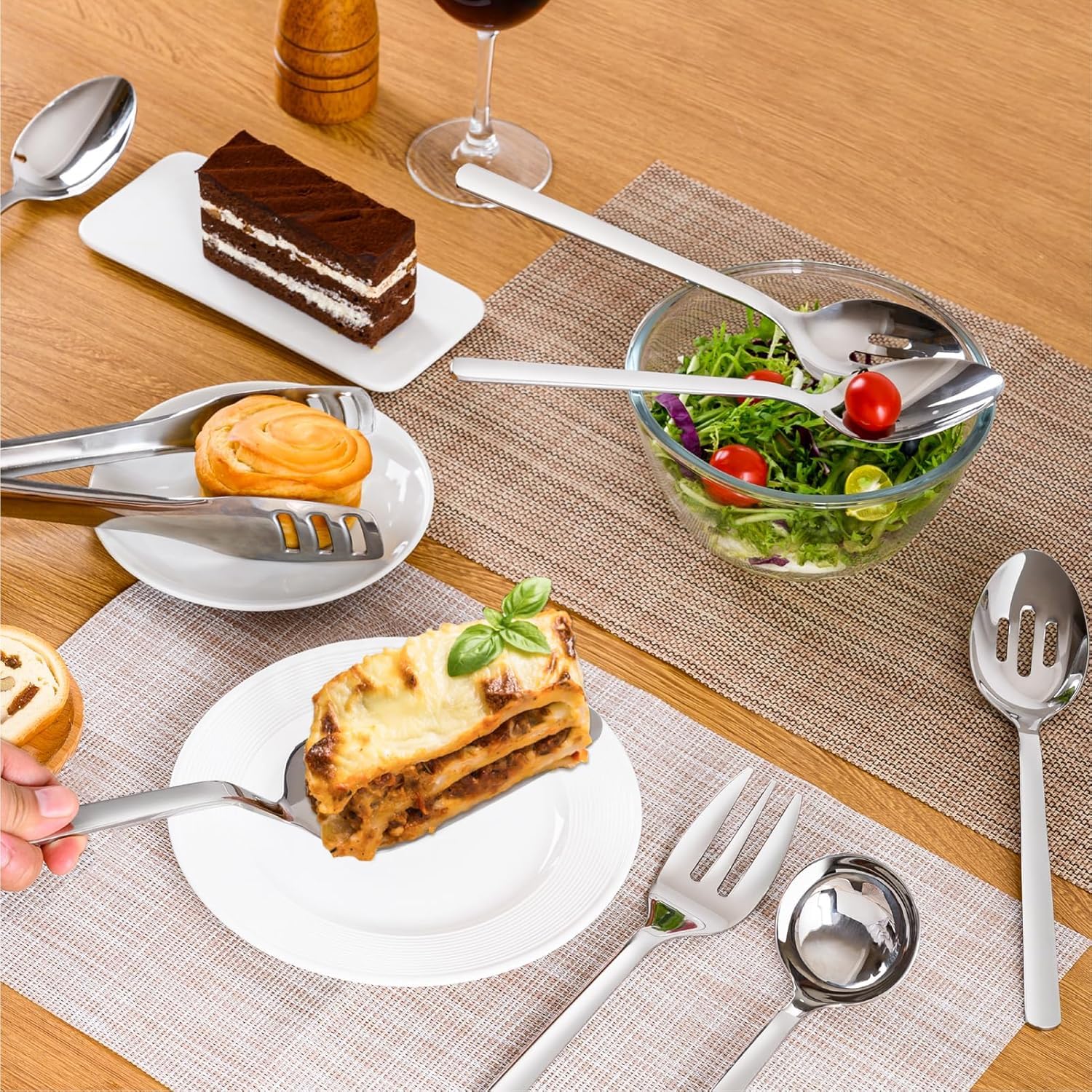 KINGSTONE Large Hostess Gold Serving Utensils Set,18/10 Stainless Steel Heavy Duty 10inch Serving Spoons,Slotted Spoons,Serving Fork,Serving Tongs, Cake Pie Server For Buffet, Wedding, Party