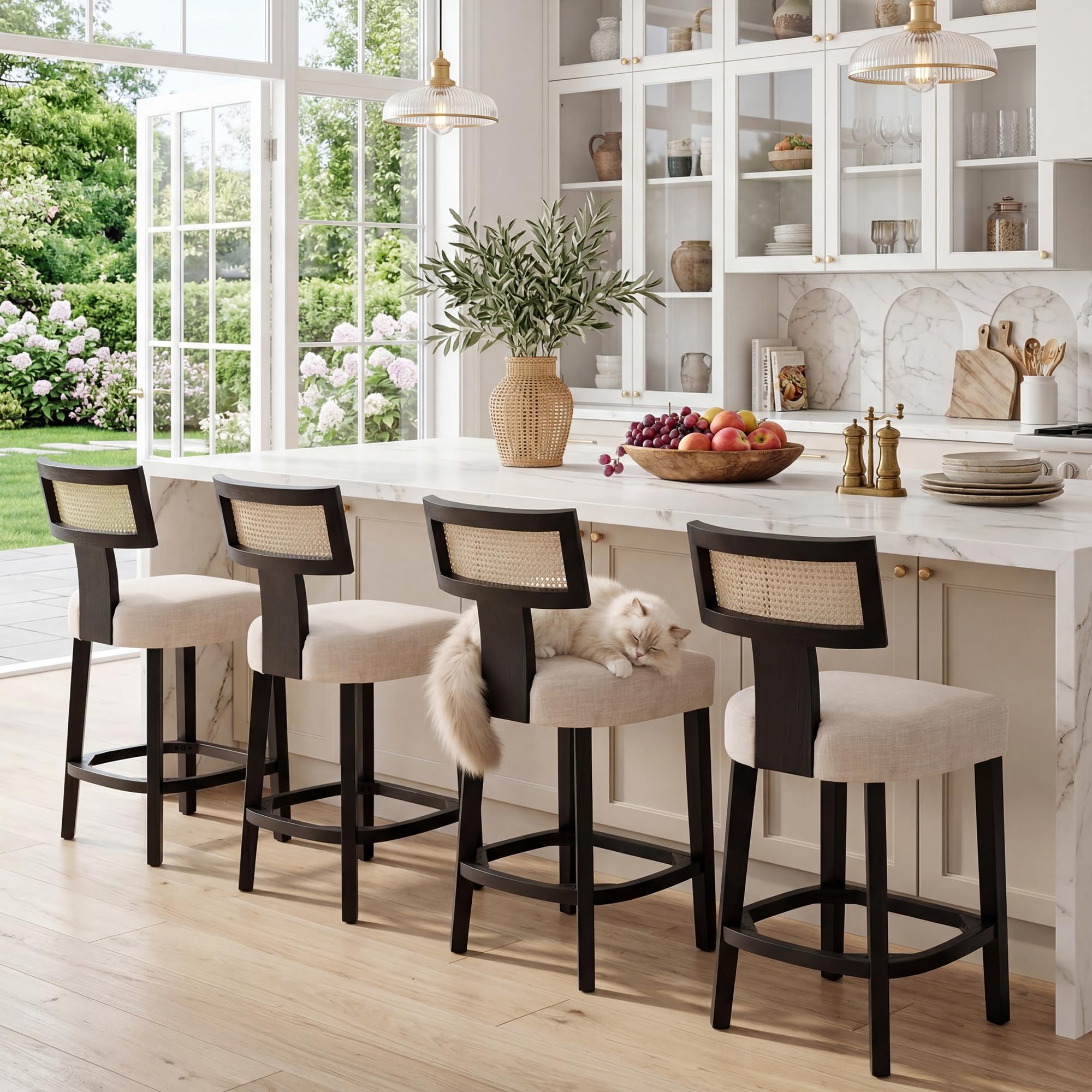 Farmhouse 30'' Extra Tall Bar Stools Set of 2 Modern Counter Height Barstools with Backs Rustic Wood Bar Stools Linen Upholstered Counter Chairs Kitchen Island Stool Chairs with Wood Frame, Beige