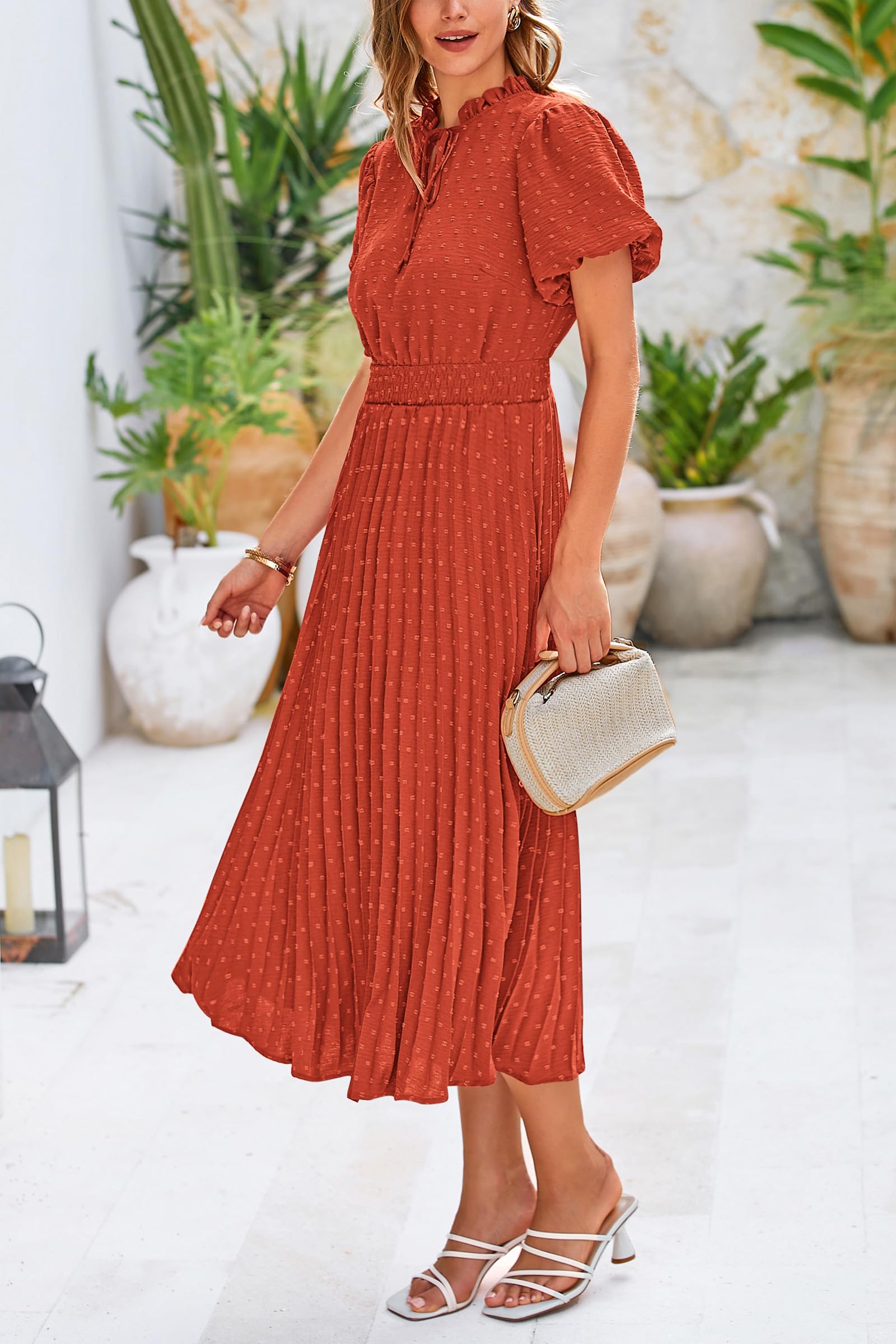 PRETTYGARDEN Womens Summer Midi Dresses Puff Short Sleeve V Neck Swiss Dot Pleated A Line Flowy Long Wedding Guest Dress