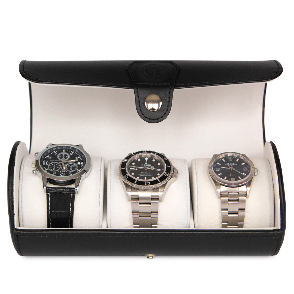 CASE ELEGANCE Travel Watch Case Roll Organizer for Men - 3 Watch Box & Vegan Faux Leather Watch Display Case - Mens Watch Holder, Storage & Travel Organizer - Black