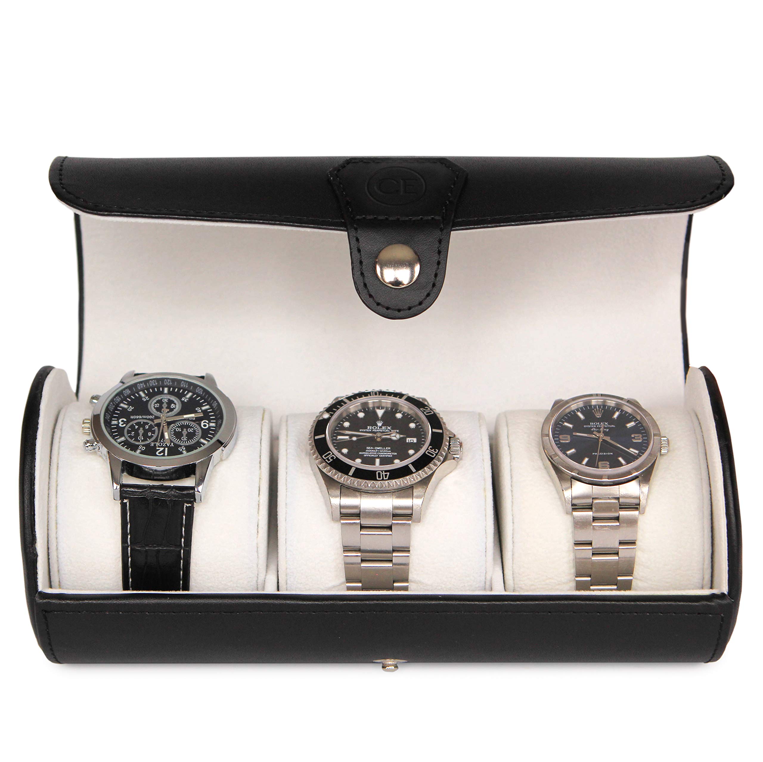 CASE ELEGANCE Travel Watch Case Roll Organizer for Men - 3 Watch Box & Vegan Faux Leather Watch Display Case - Mens Watch Holder, Storage & Travel Organizer - Black