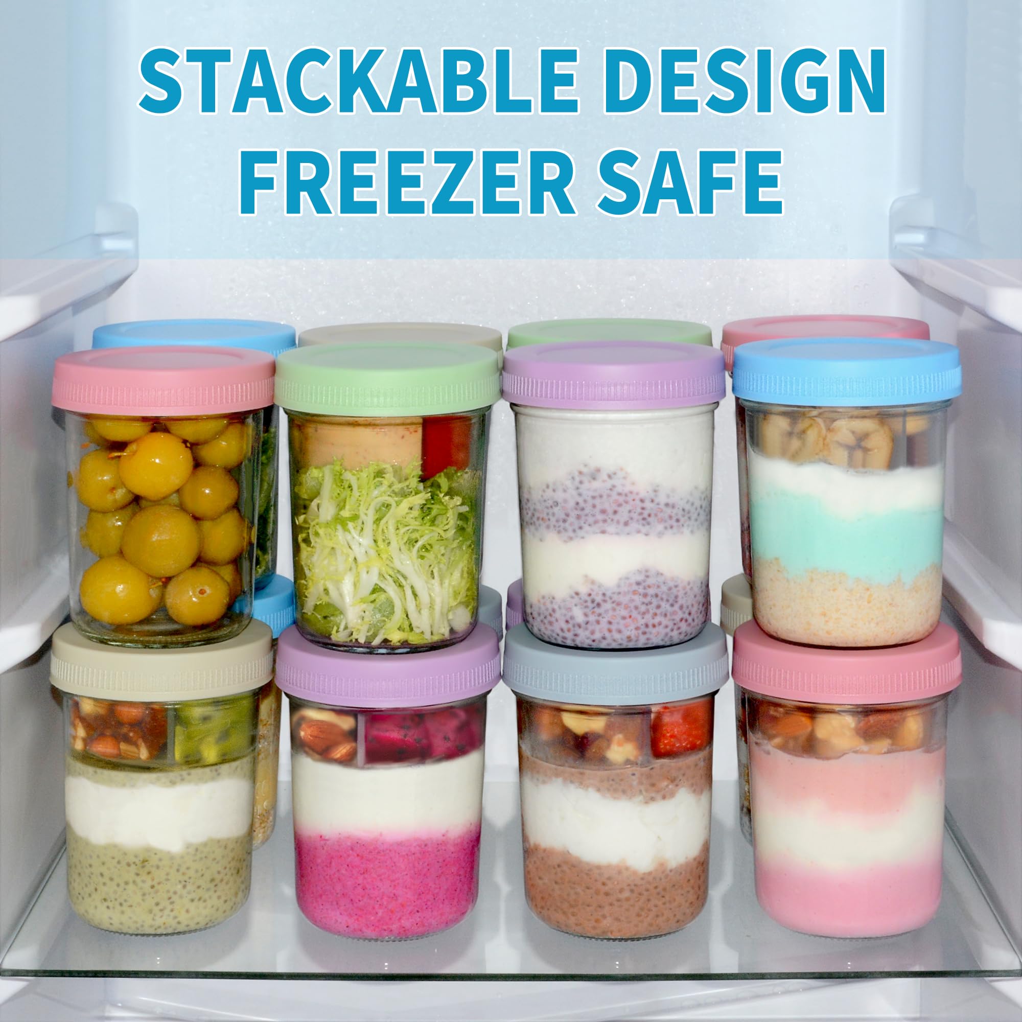 Xyptorix 16 oz Overnight Oats Containers with Airtight Lids - 2-Pack Leak-Proof Wide Mouth Mason Jars & Divided Cups for Dried and Wet Foods, Glass Jars for Chia Pudding, Salad, Snacks, and Yogurt