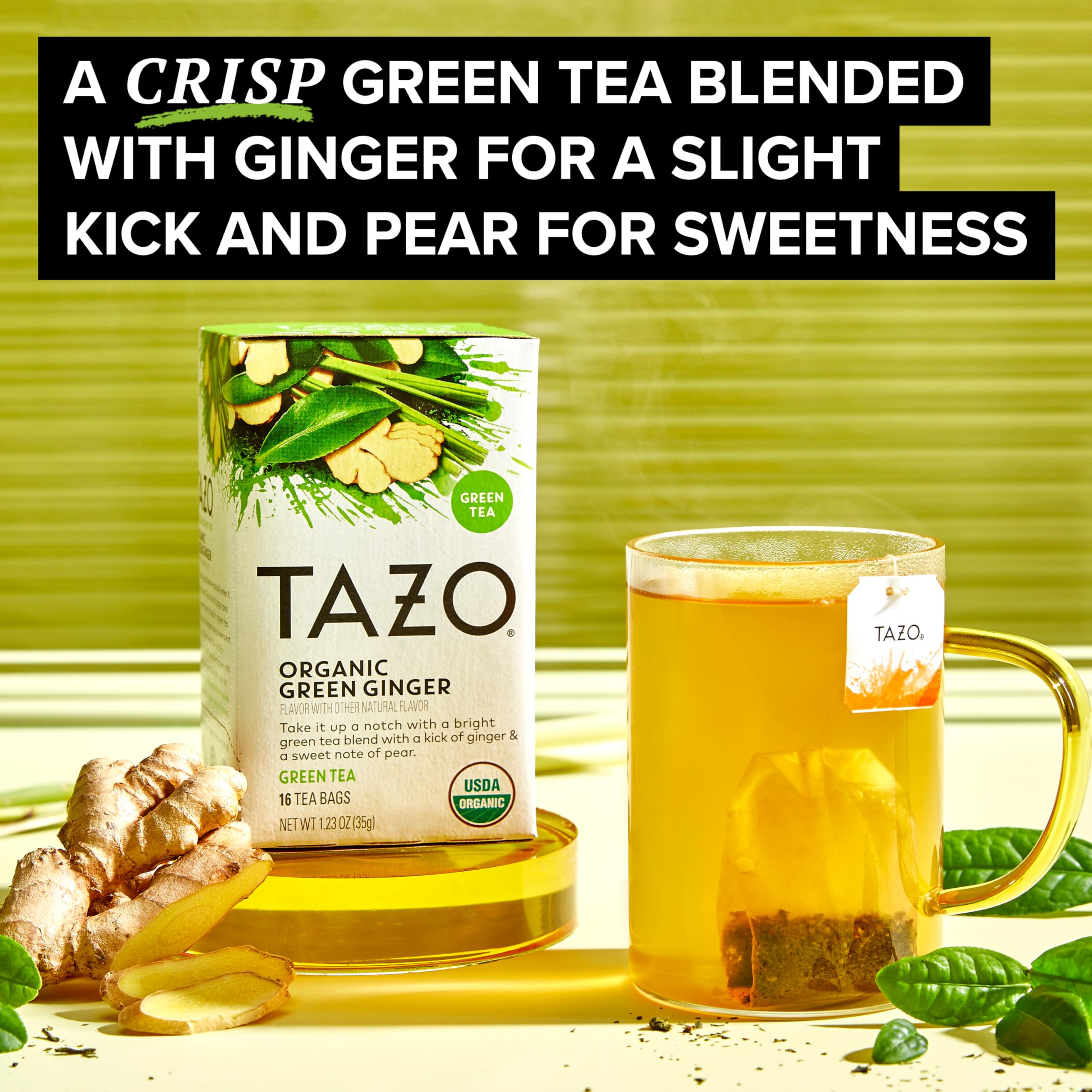 TAZO Organic Green Tea, Green Ginger, Caffeinated Tea, 16 Total Bags