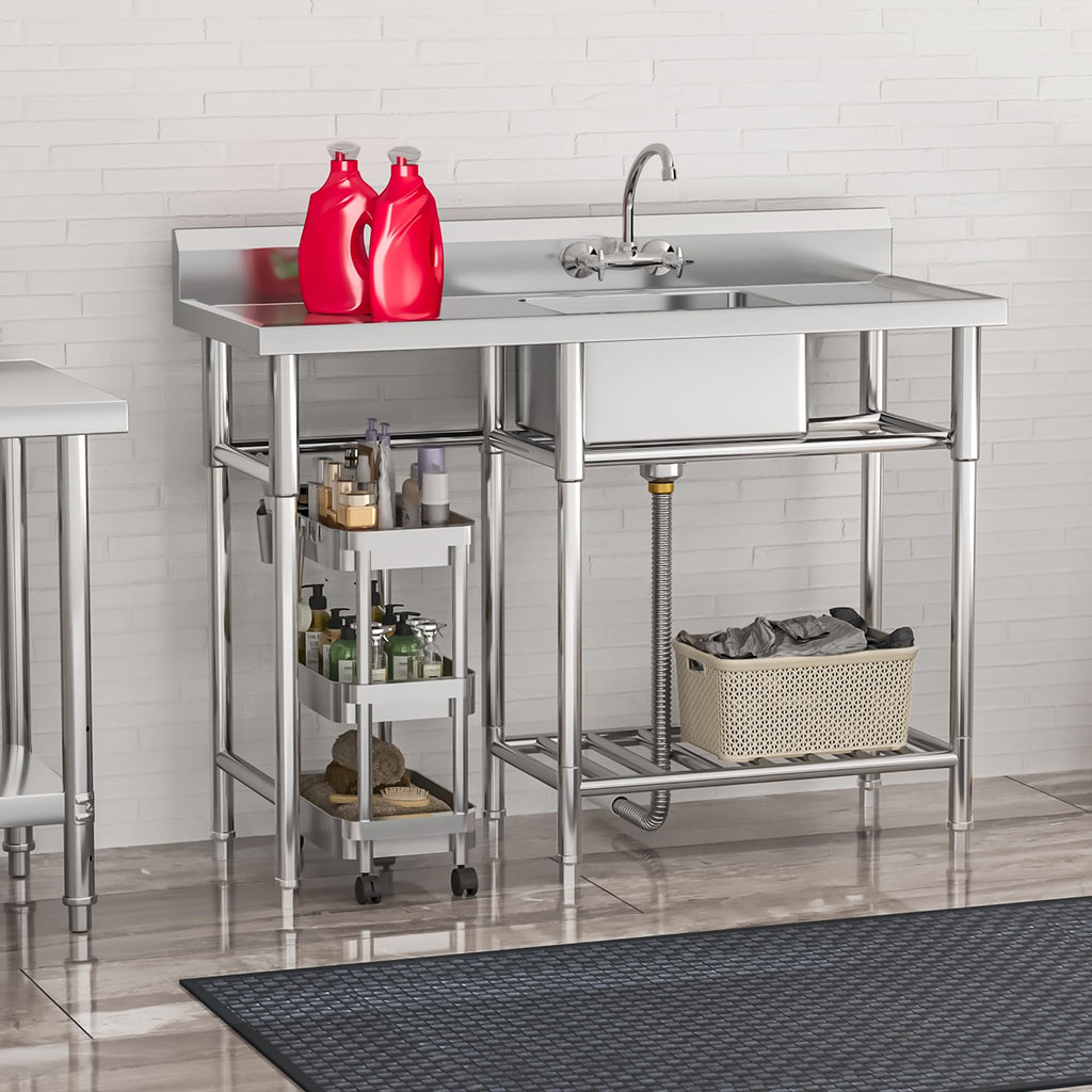 YITAHOME Freestanding Commercial 3 Bay Kitchen Under bar Sink NSF Stainless Steel 3 Compartment Bowl Outdoor Sink with Storage Shelve, Backsplash for Restaurant, Food Truck & Home (39"x 18"x 37")