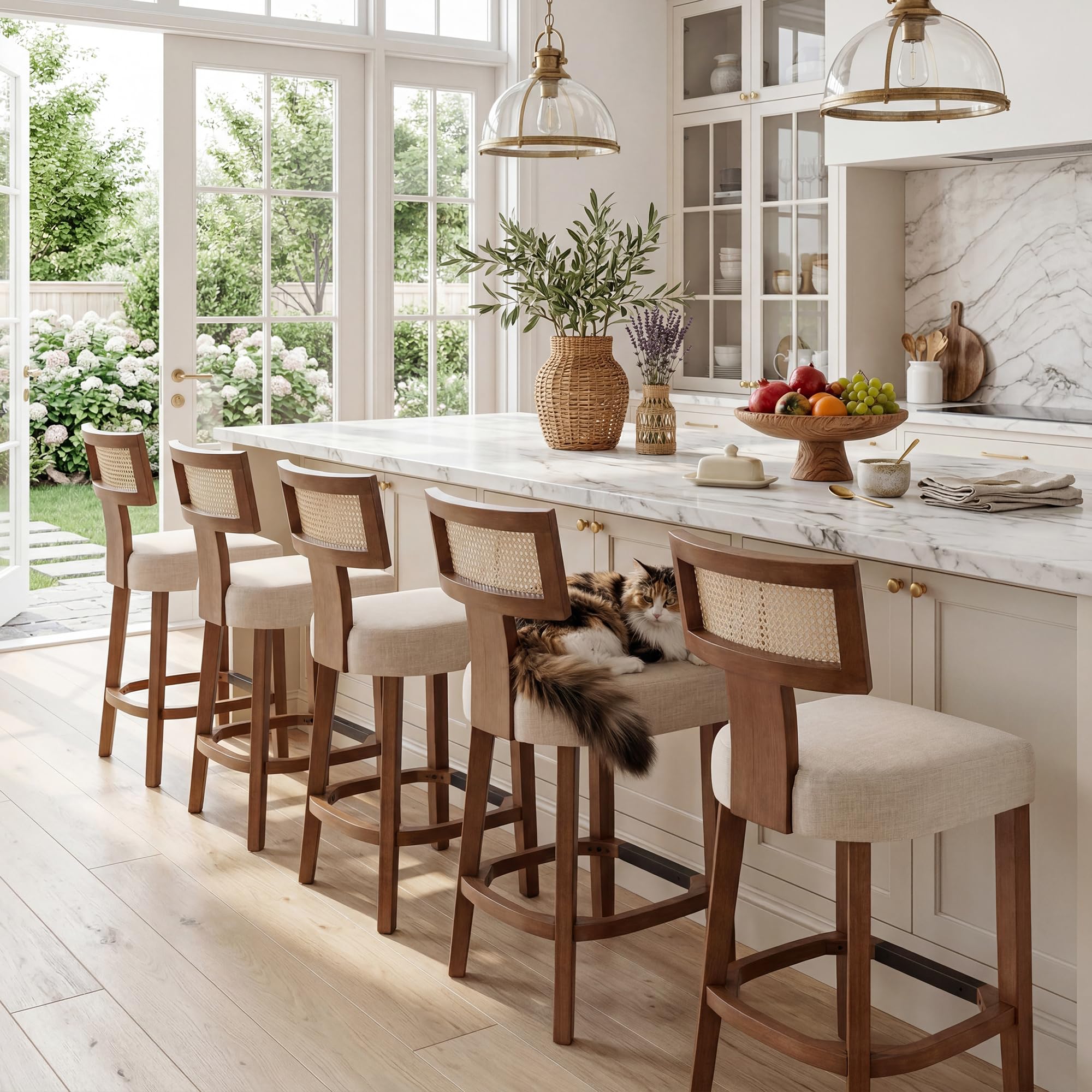 Farmhouse 30'' Extra Tall Bar Stools Set of 2 Modern Counter Height Barstools with Backs Rustic Wood Bar Stools Linen Upholstered Counter Chairs Kitchen Island Stool Chairs with Wood Frame, Beige